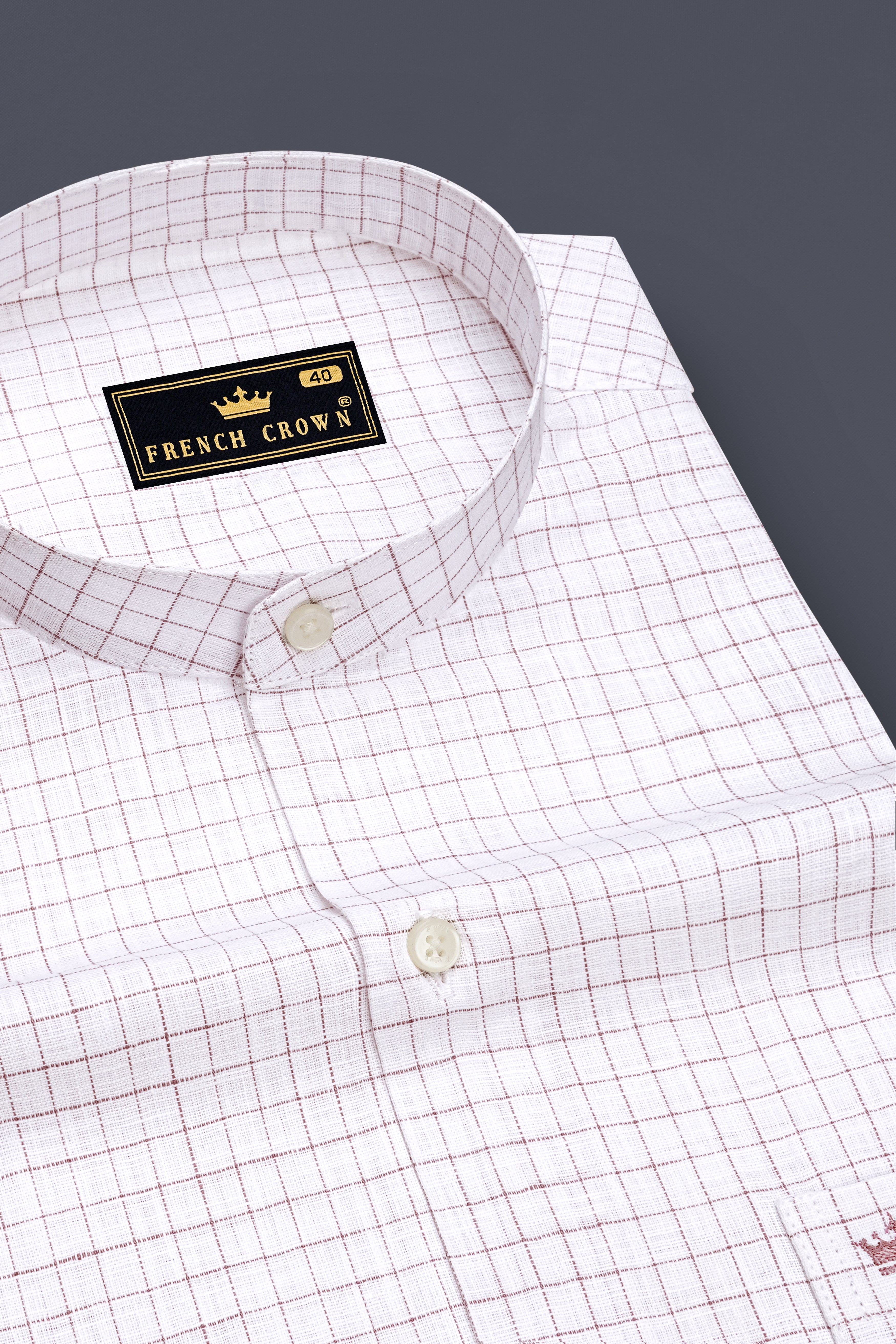 Eminence-Bright White And Nobel Pink Windowpane Luxurious Linen Mandarin Casual Shirt