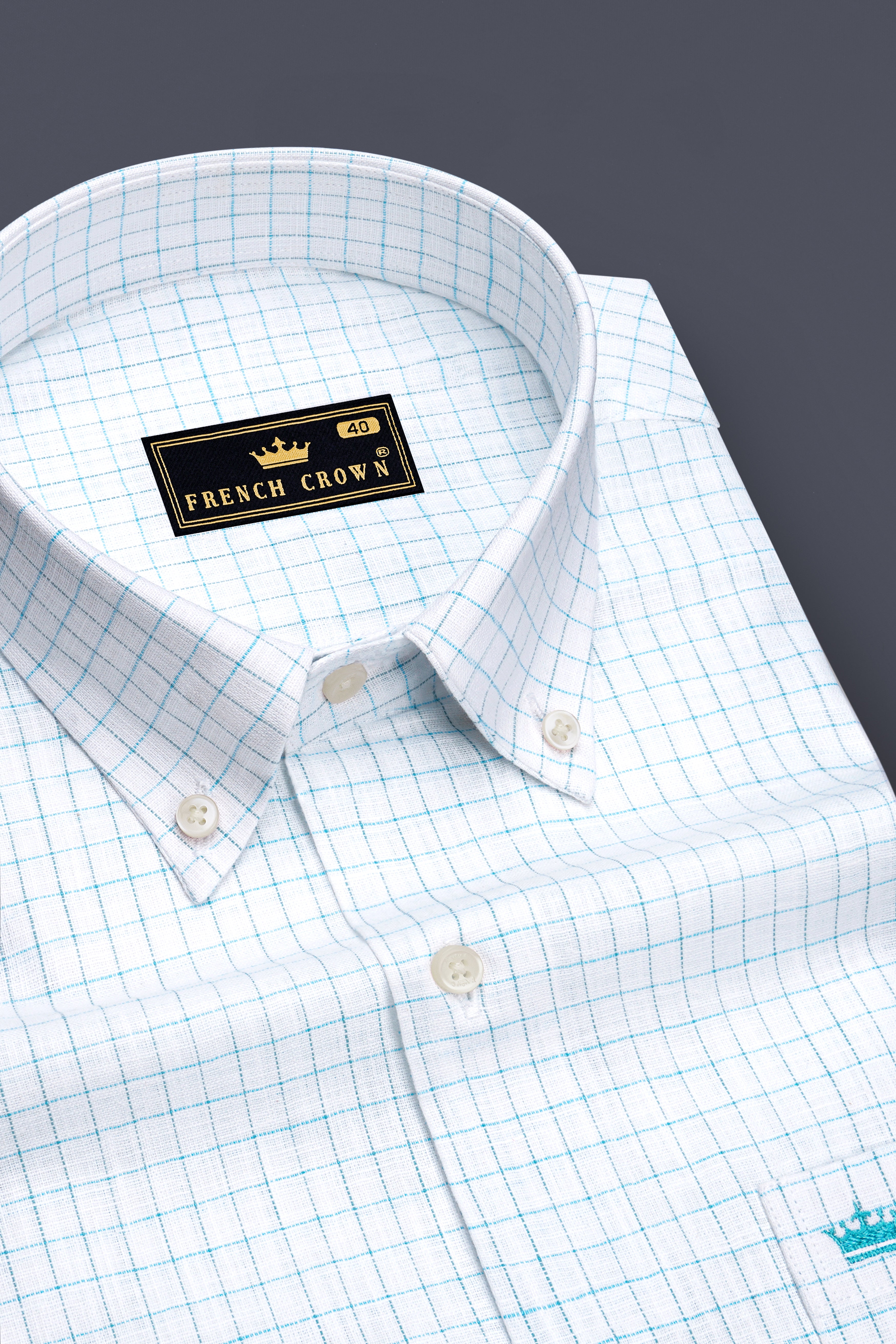 Zephyr-Bright White And Aquamarine Blue Windowpane Luxurious Linen Button Down Dress Shirt