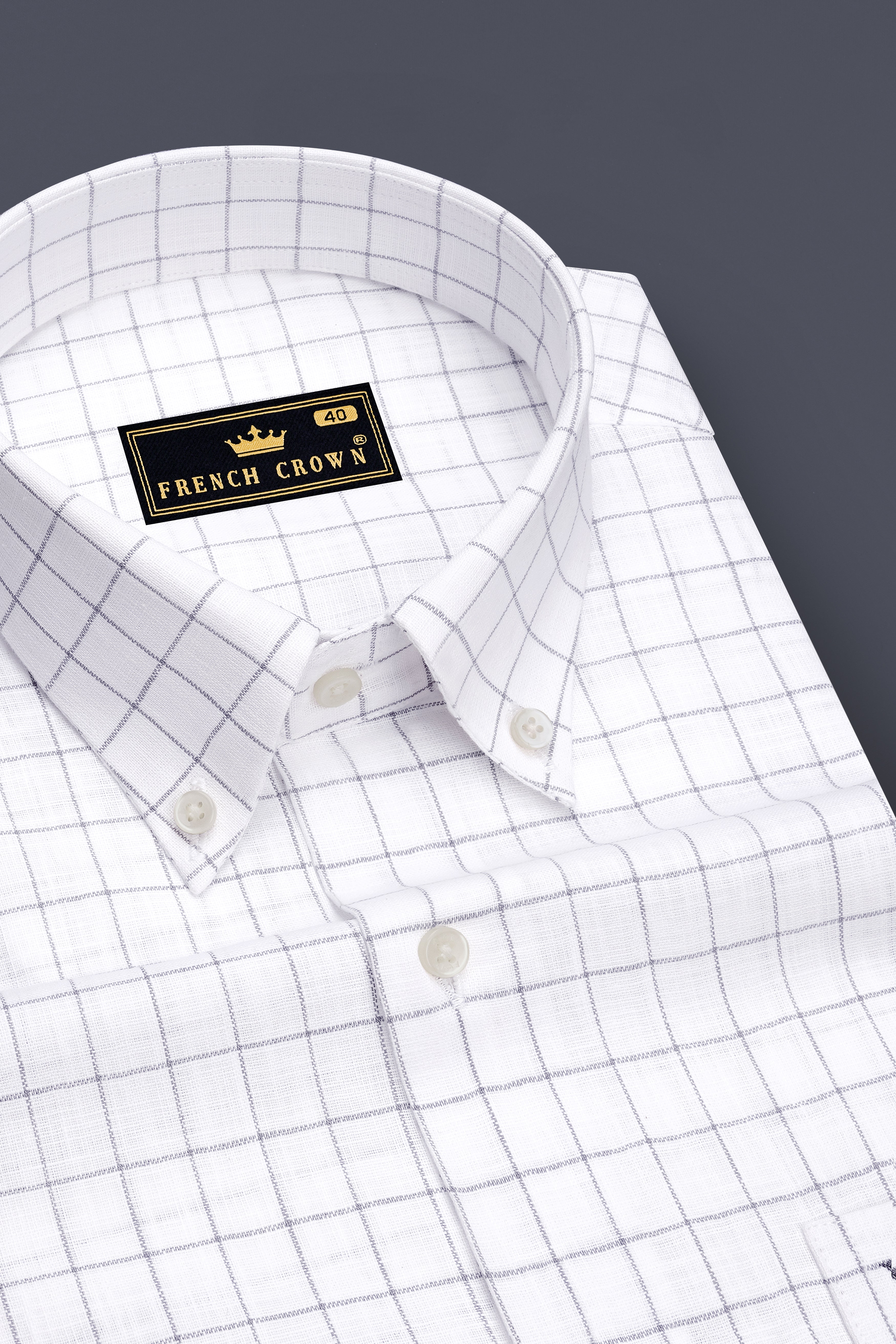 Aureum-Bright White And Bronco Gray Windowpane Luxurious Linen Button Down Dress Shirt