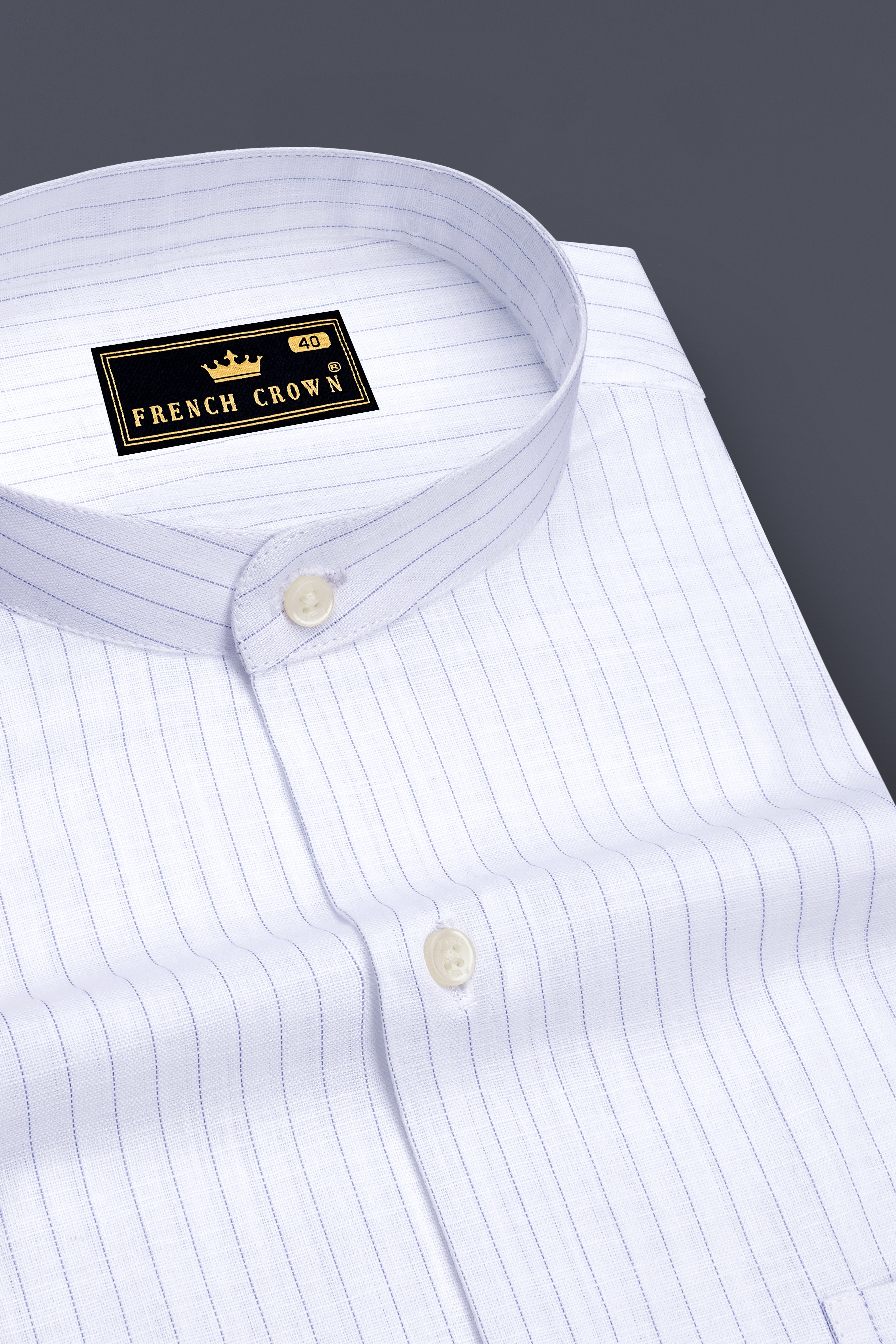 Alviero-Bright White And Bell Blue Pin Striped Luxurious Linen Mandarin Casual Shirt