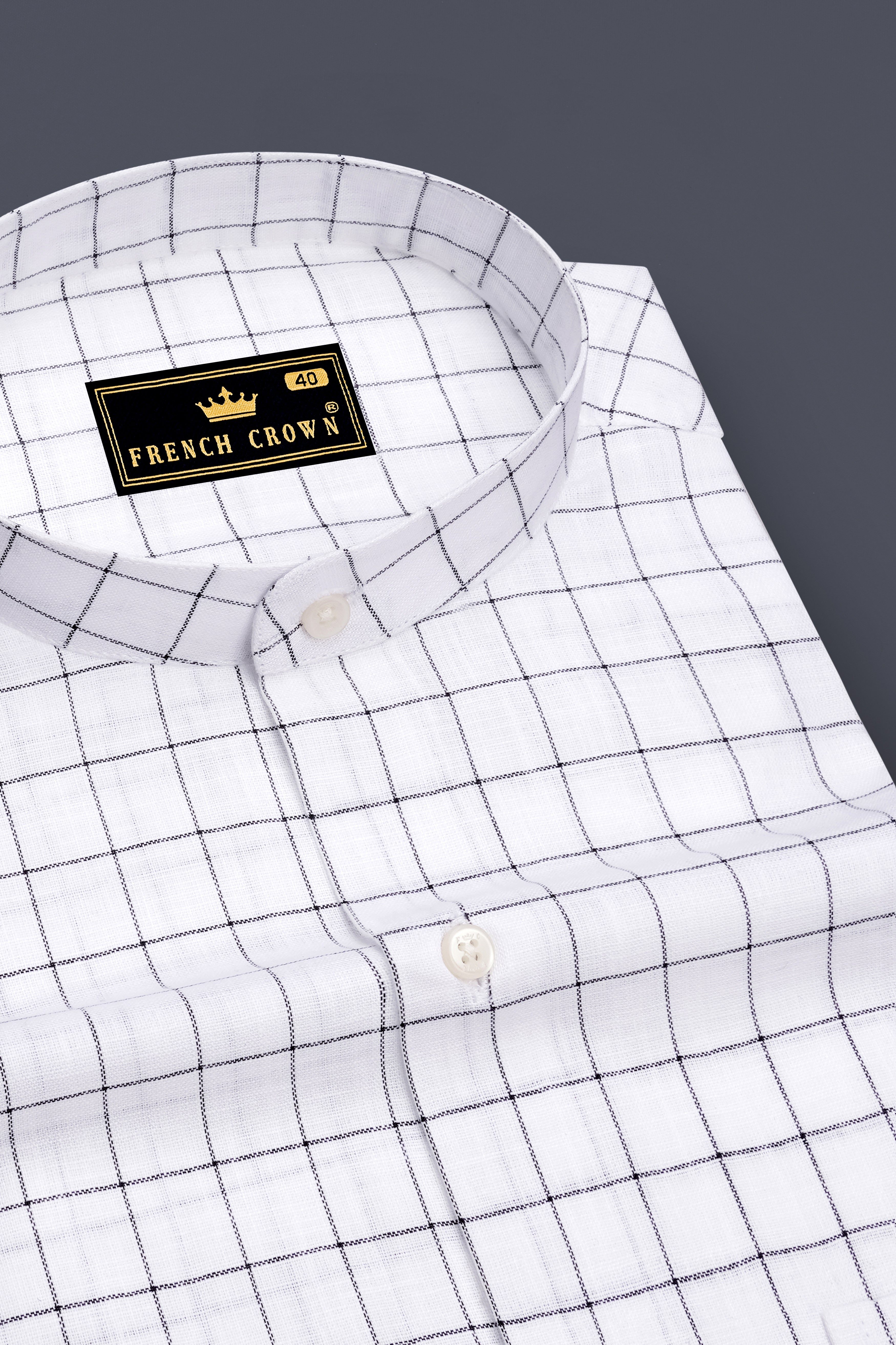 Ardent-Bright White And Jade Black Windowpane Luxurious Linen Mandarin Casual Shirt