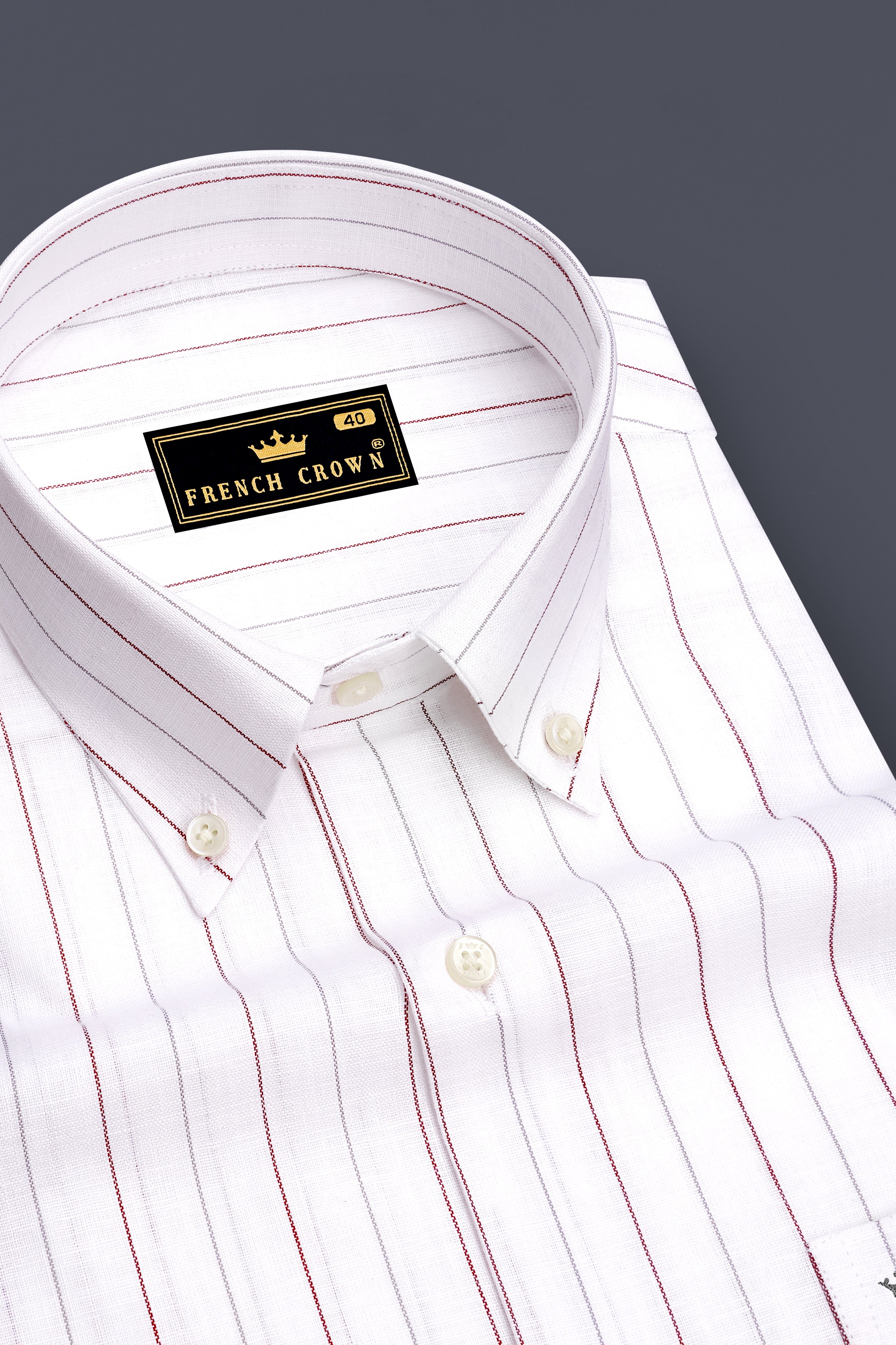 Regent-Bright White And Burnt Red Pin Striped Luxurious Linen Button Down Dress Shirt