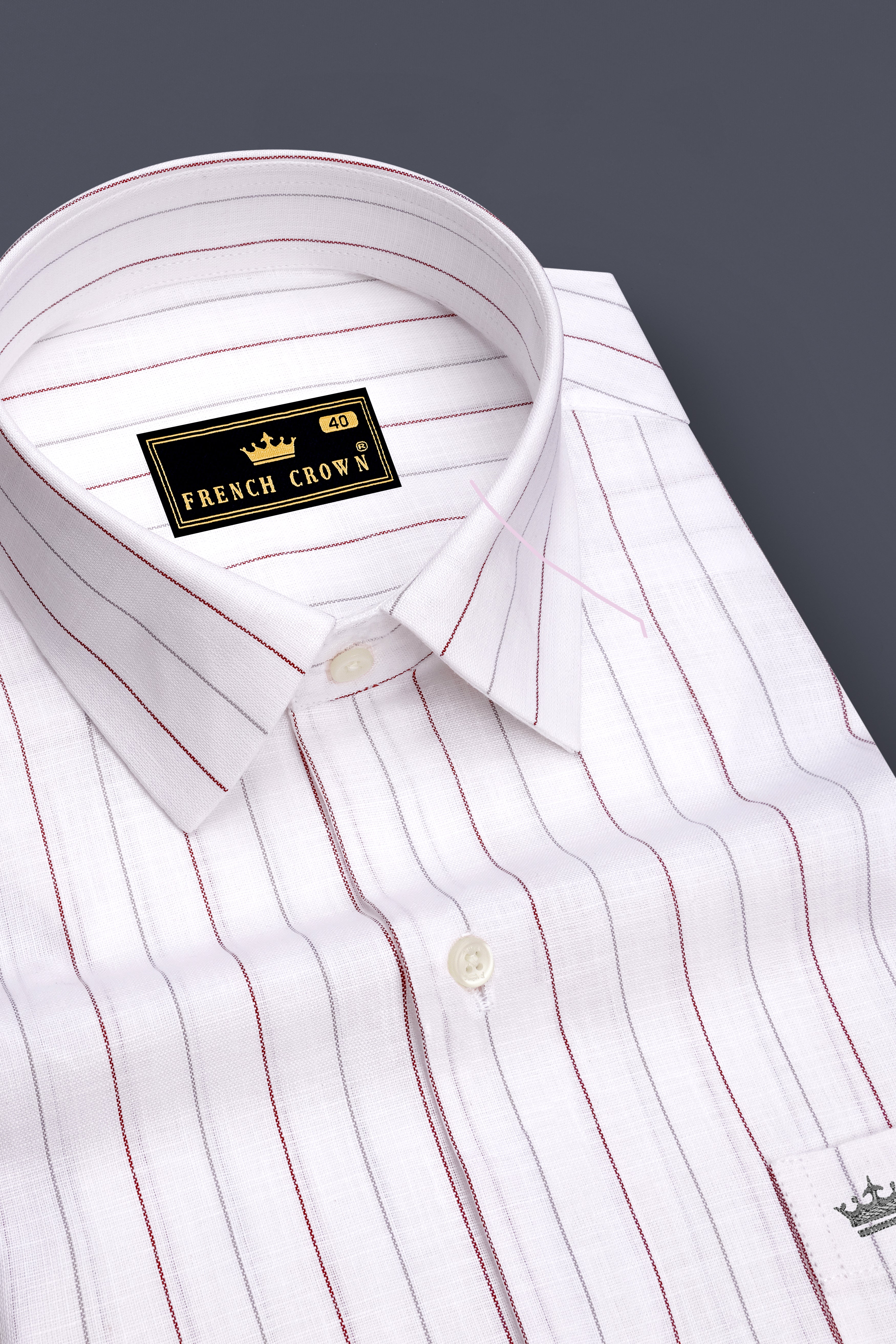 Regent-Bright White And Burnt Red Pin Striped Luxurious Linen Dress Shirt