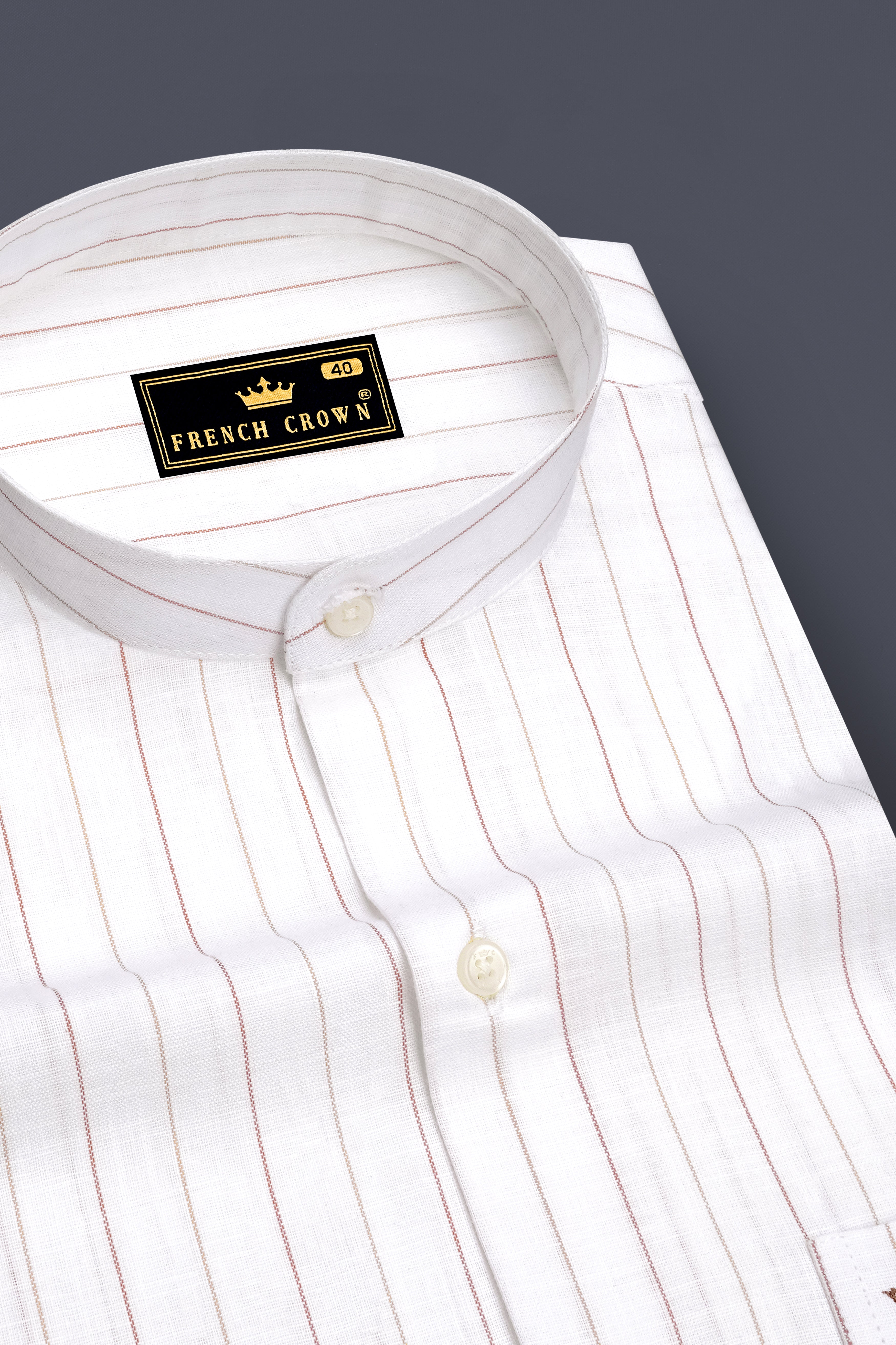 Solenne-Bright White And Auburn Orange Pin Striped Luxurious Linen Mandarin Casual Shirt