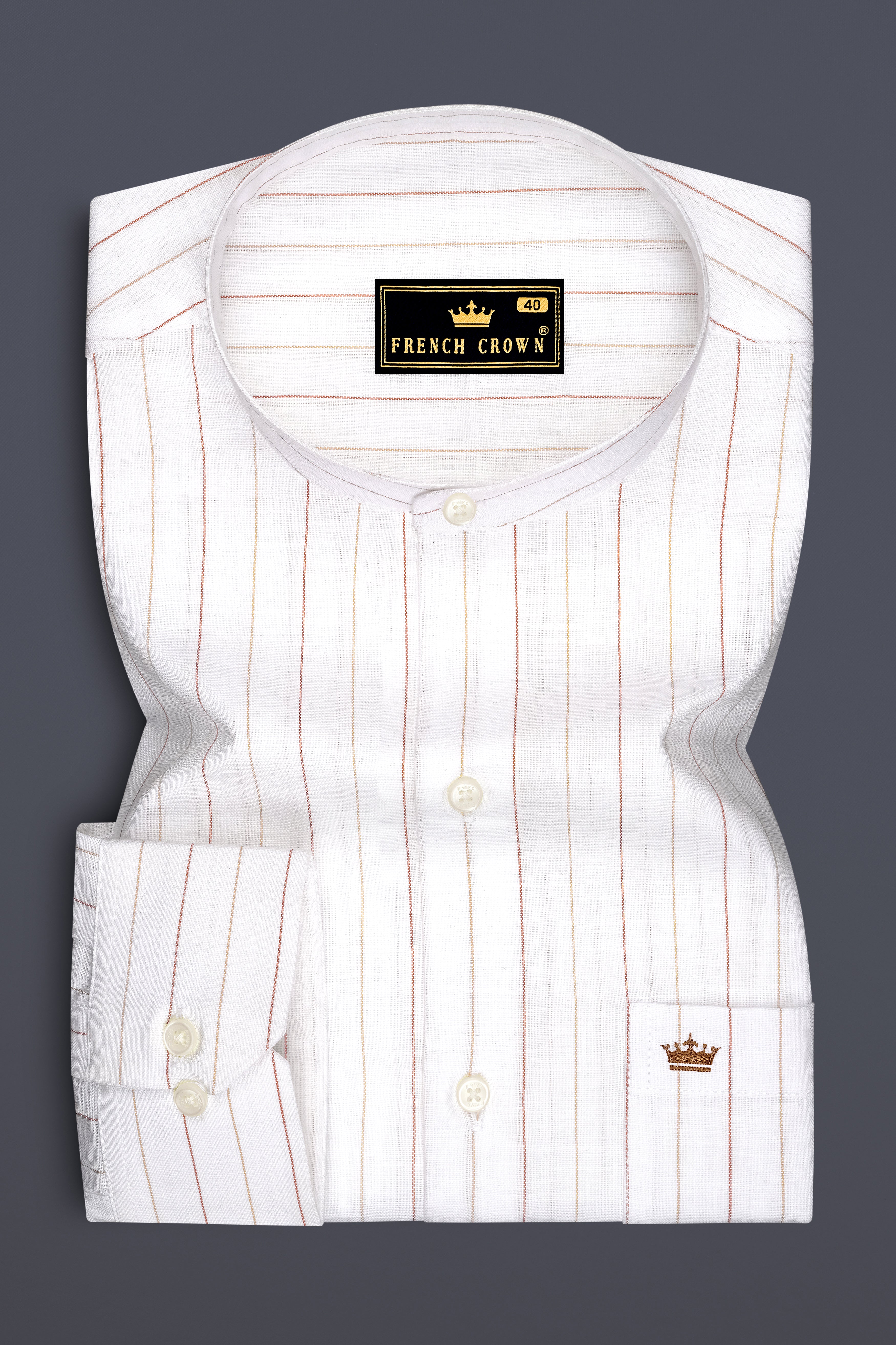 Solenne-Bright White And Auburn Orange Pin Striped Luxurious Linen Mandarin Casual Shirt