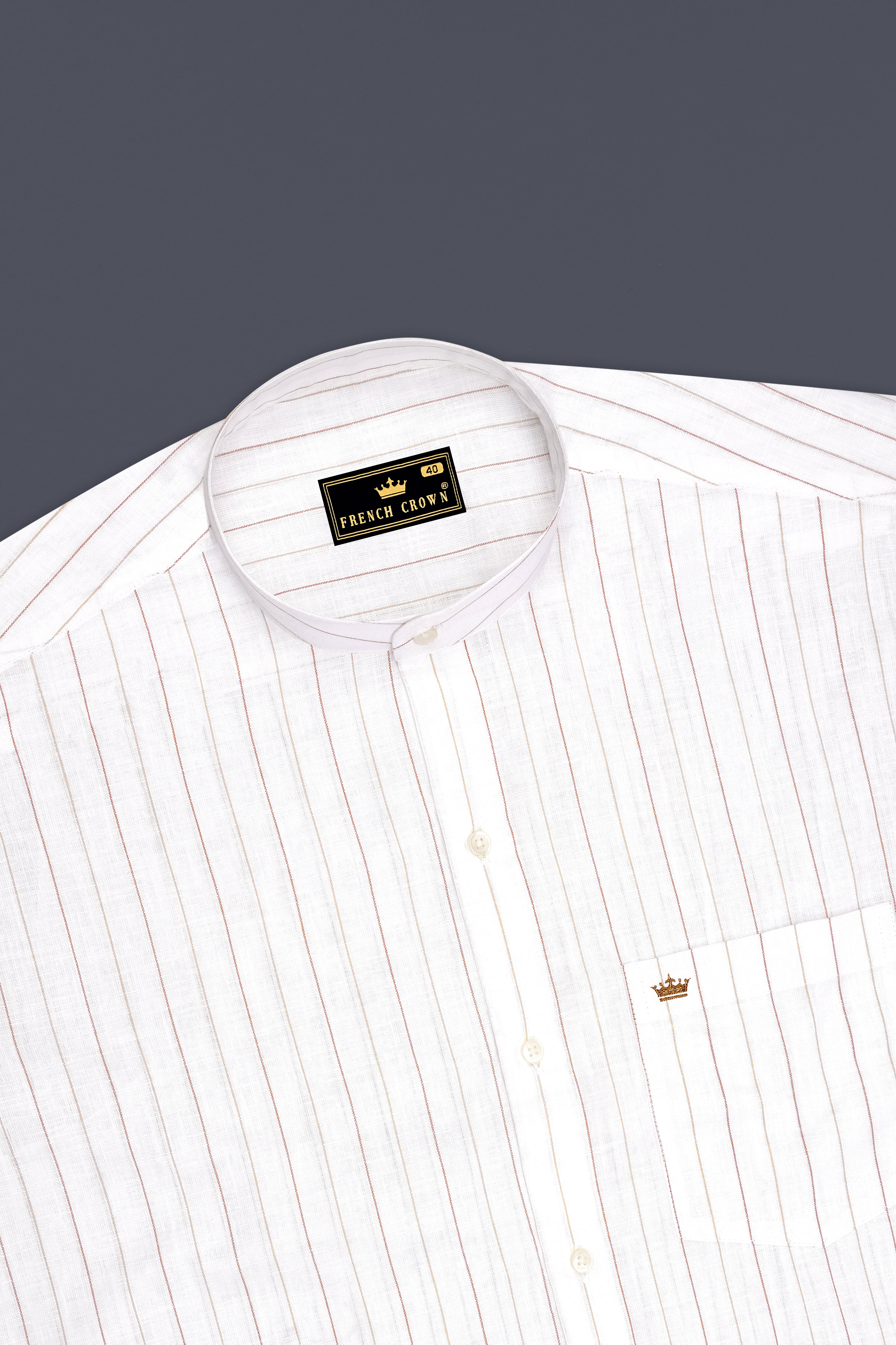 Solenne-Bright White And Auburn Orange Pin Striped Luxurious Linen Mandarin Casual Shirt