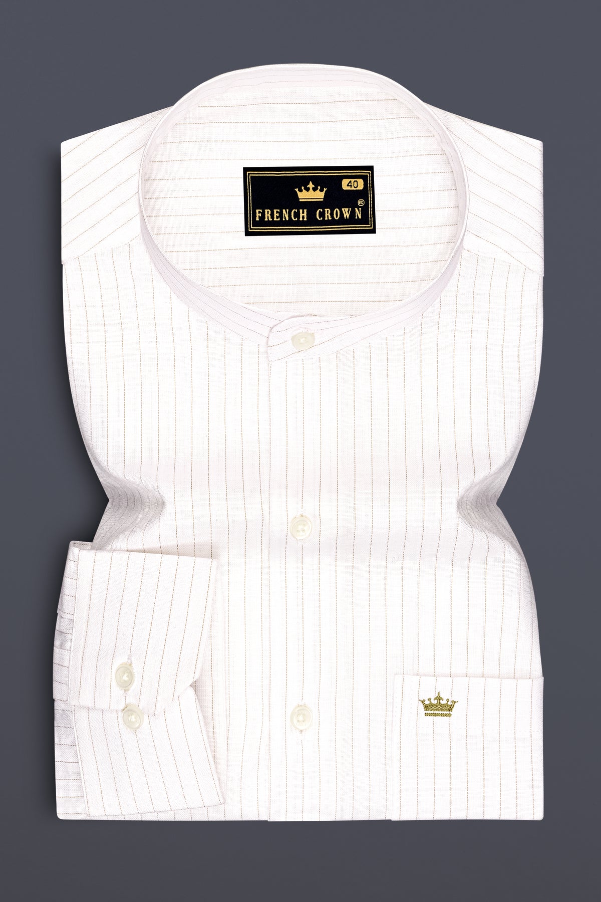 Siena-Bright White And Quicksand Brown Pin Striped Luxurious Linen Mandarin Casual Shirt