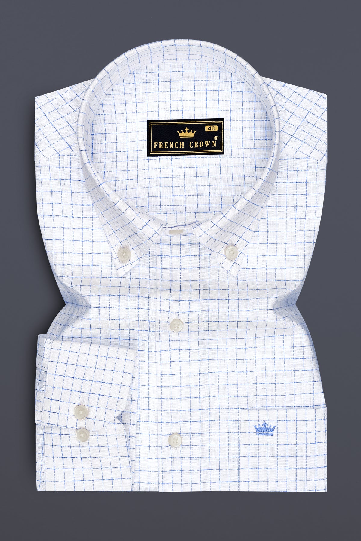 Breeze-Bright White And Tufts Blue Windowpane Luxurious Linen Button Down Dress Shirt