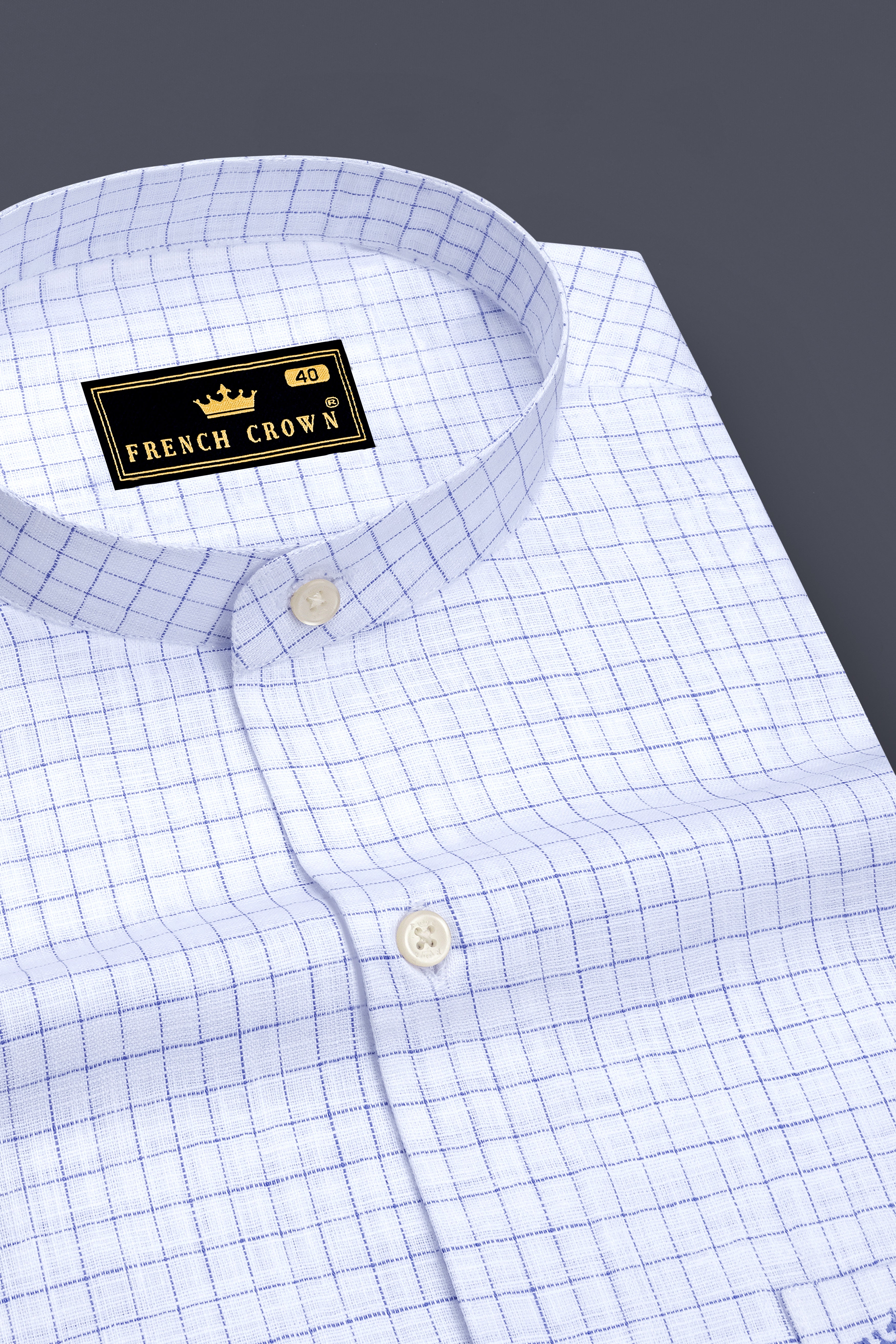 Breeze-Bright White And Tufts Blue Windowpane Luxurious Linen Mandarin Casual Shirt
