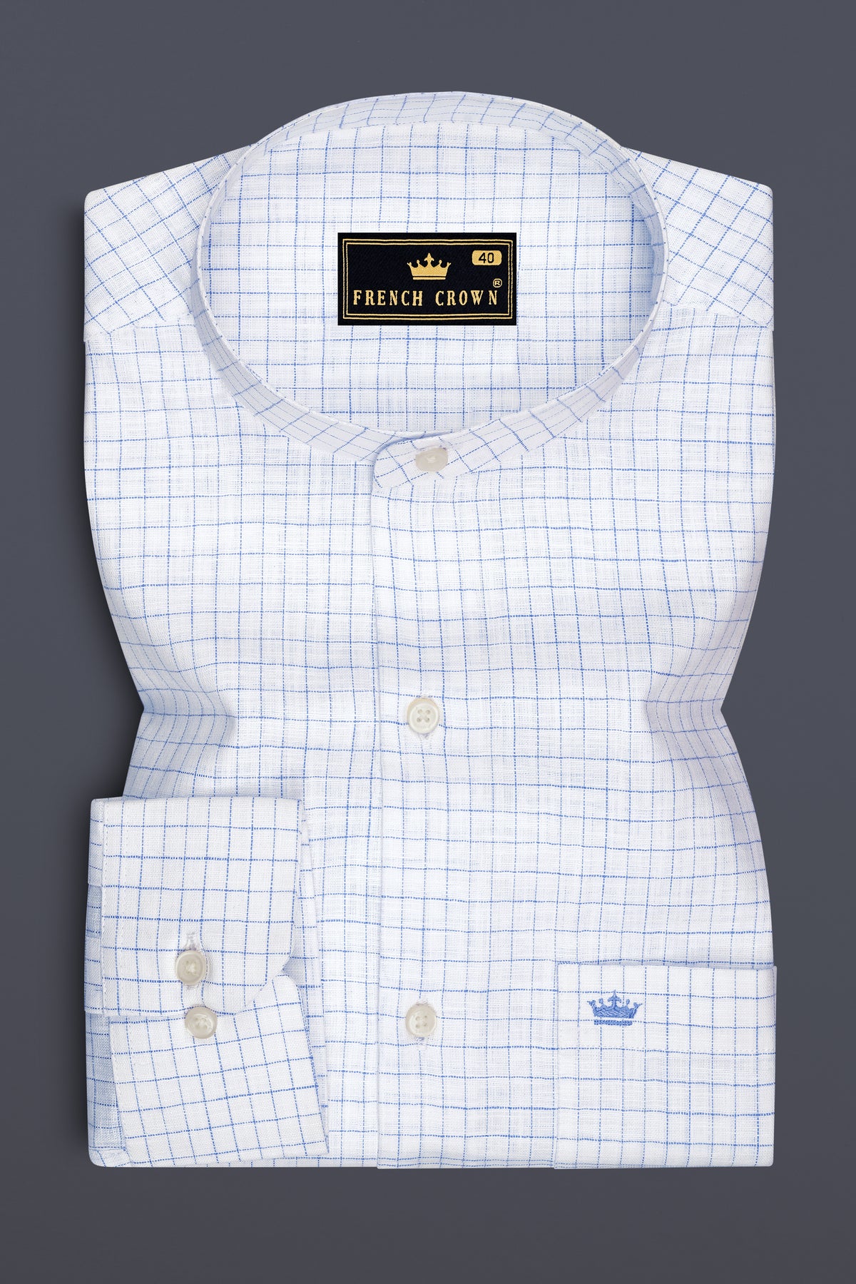 Breeze-Bright White And Tufts Blue Windowpane Luxurious Linen Mandarin Casual Shirt