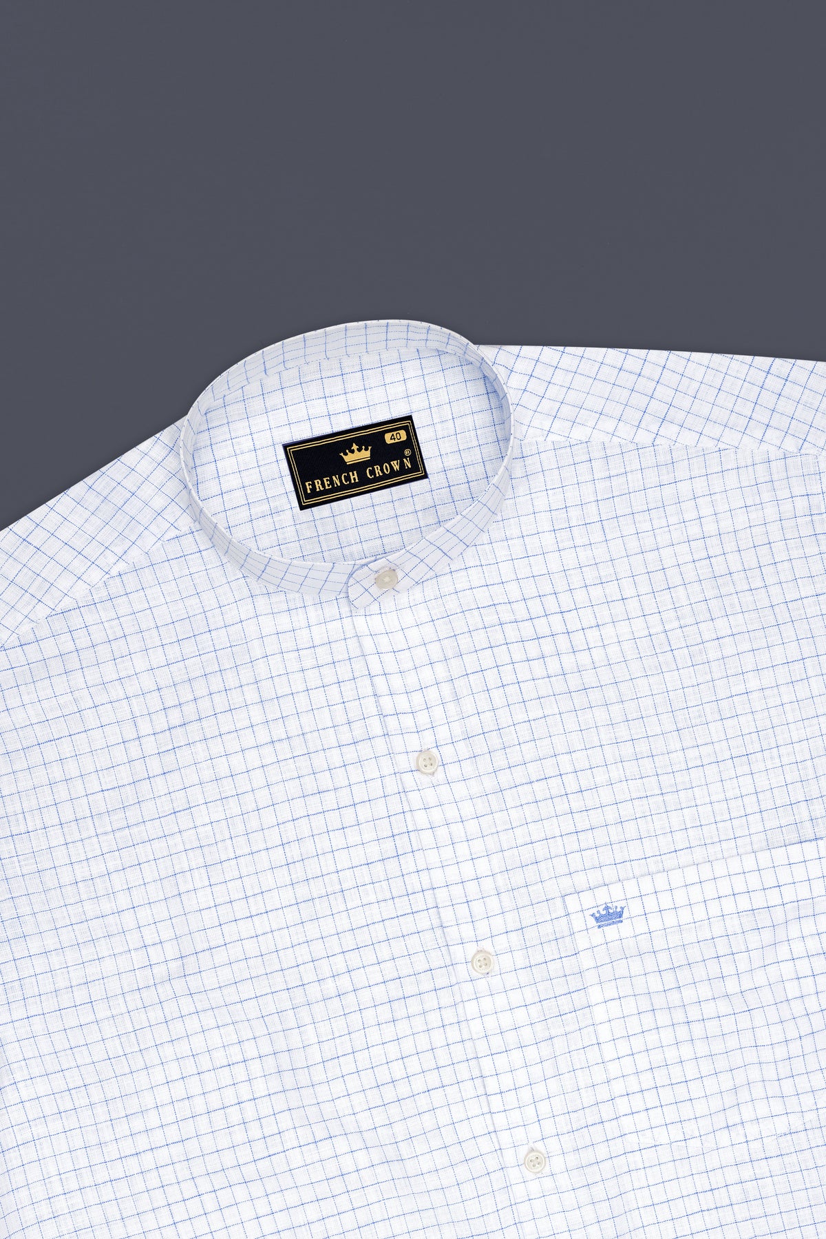 Breeze-Bright White And Tufts Blue Windowpane Luxurious Linen Mandarin Casual Shirt