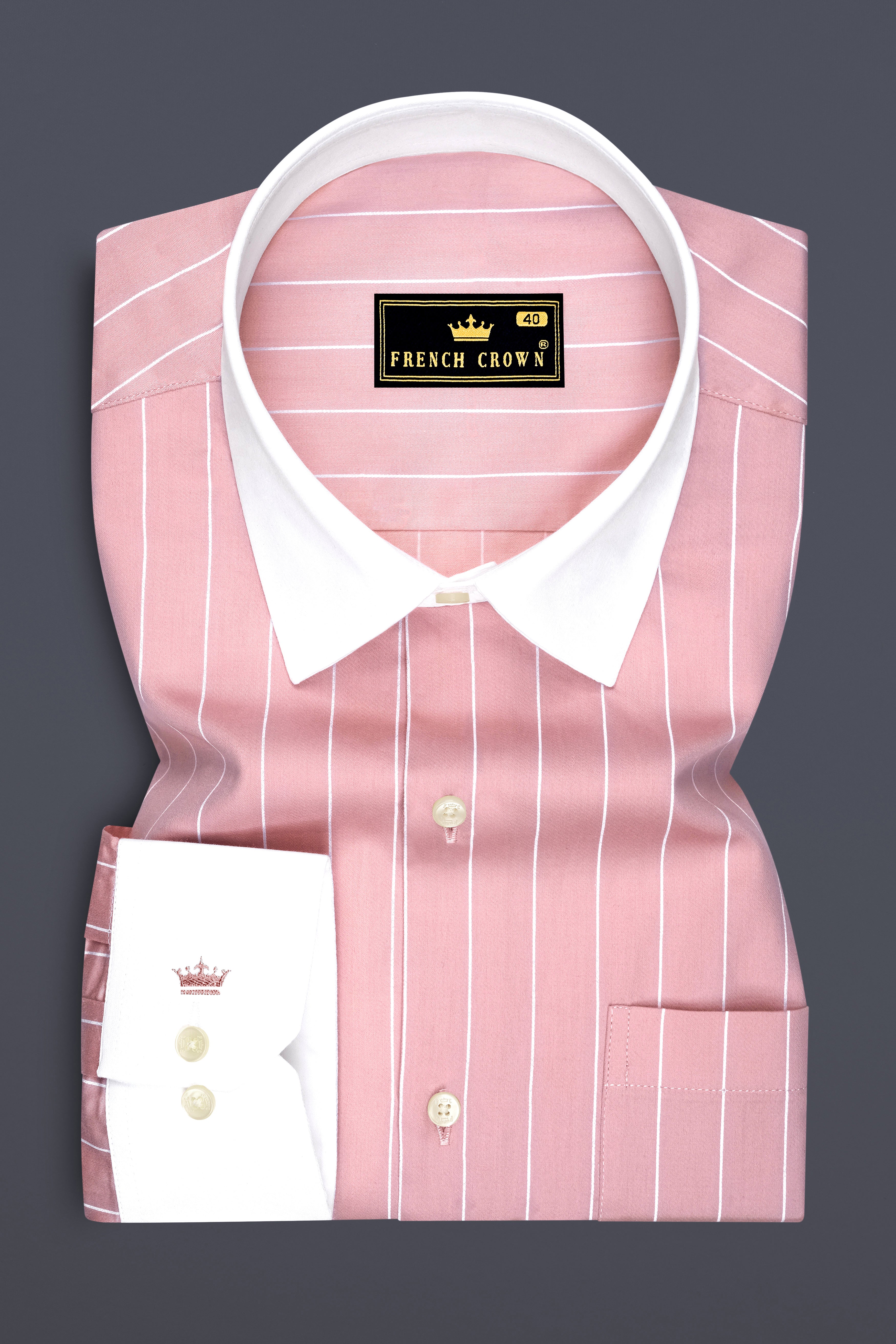 Virelle-Chestnut Pink And Bright White Pin Striped Subtle Sheen Premium Cotton White Cuff Collar Dress Shirt
