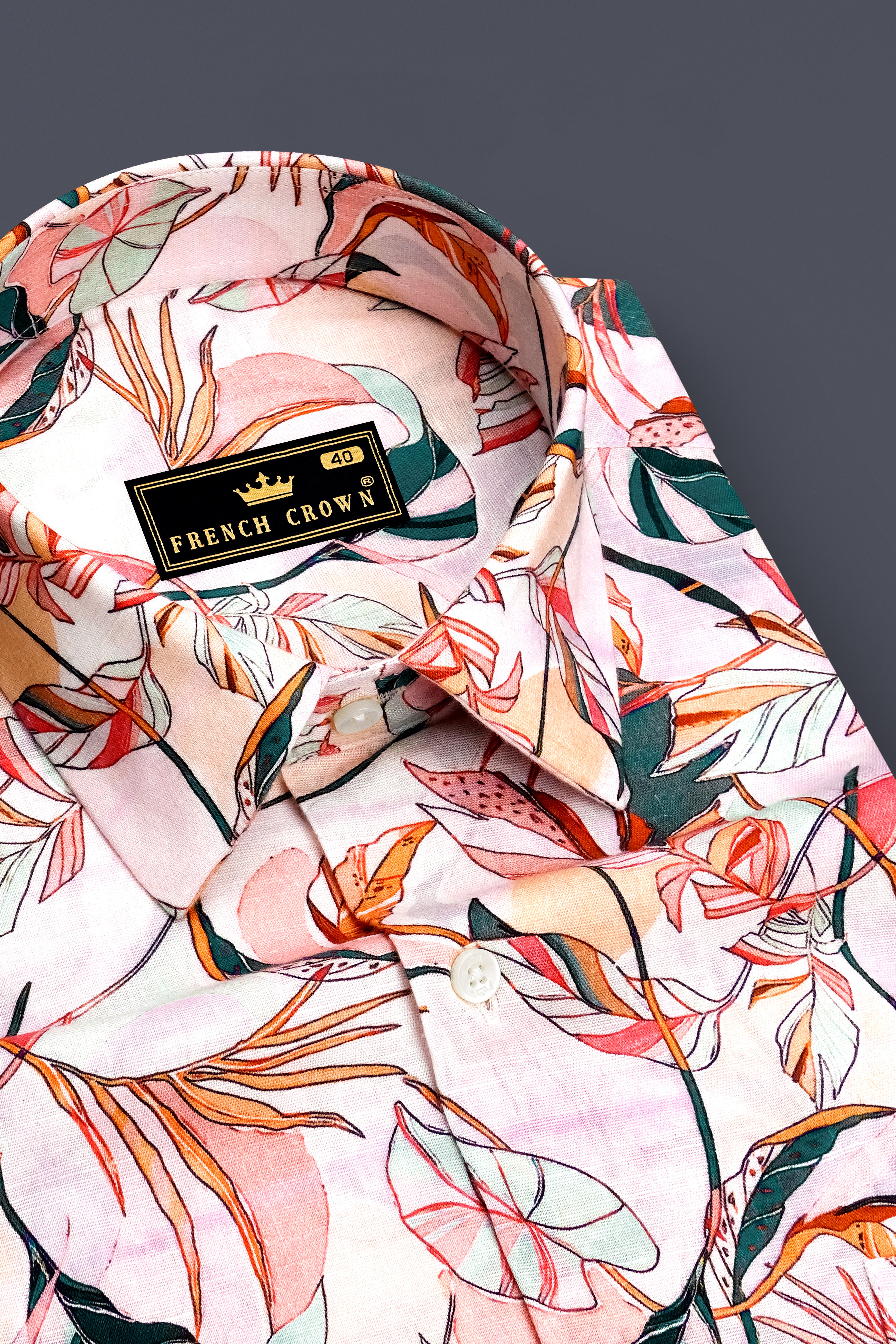 Petalia-Cherub Pink And Flesh Peach Botanical Floral Printed Linen-Cotton Blend Mandarin Casual Shirt
