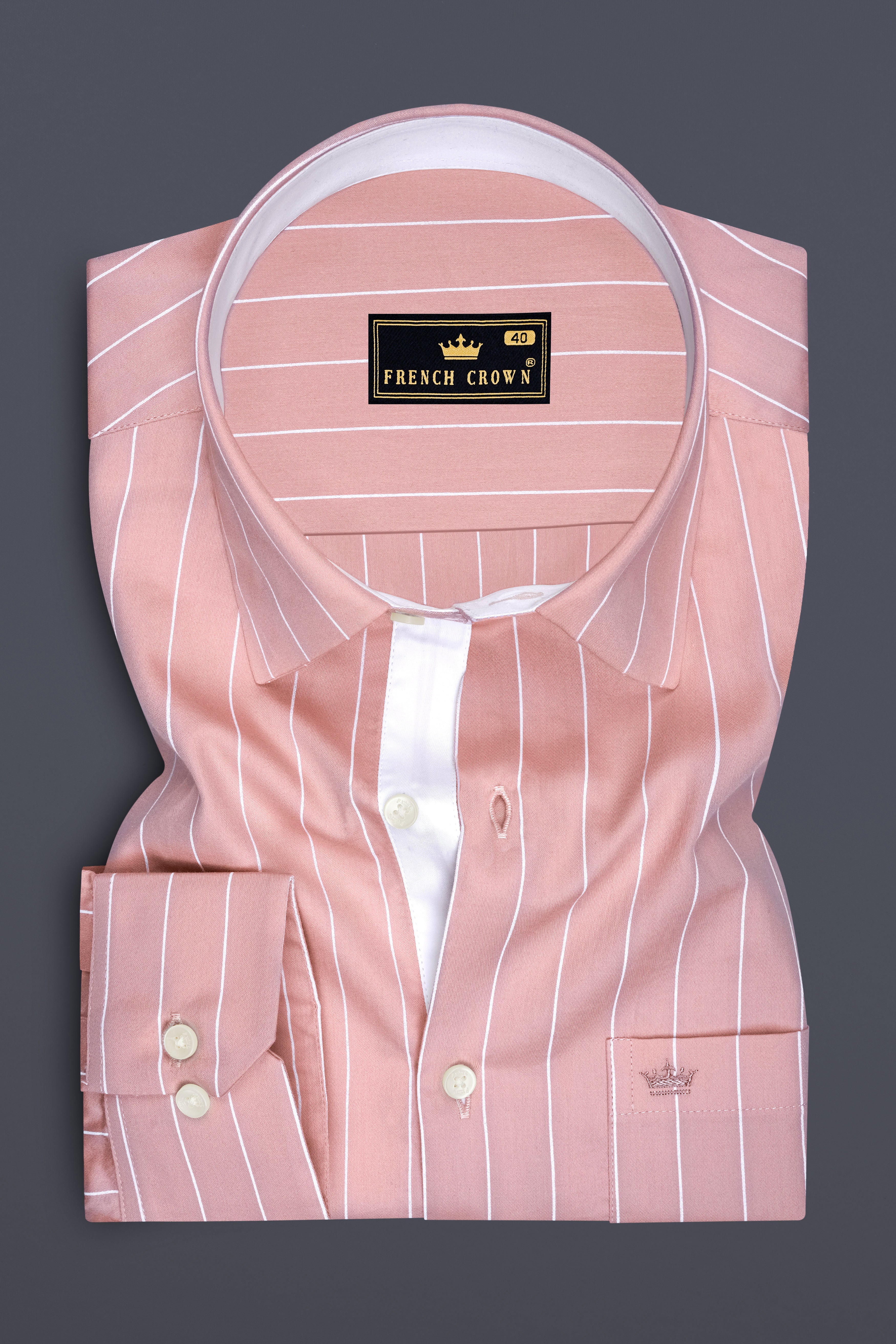 Virelle-Chestnut Pink And Bright White Pin Striped Subtle Sheen Premium Cotton Dress Shirt
