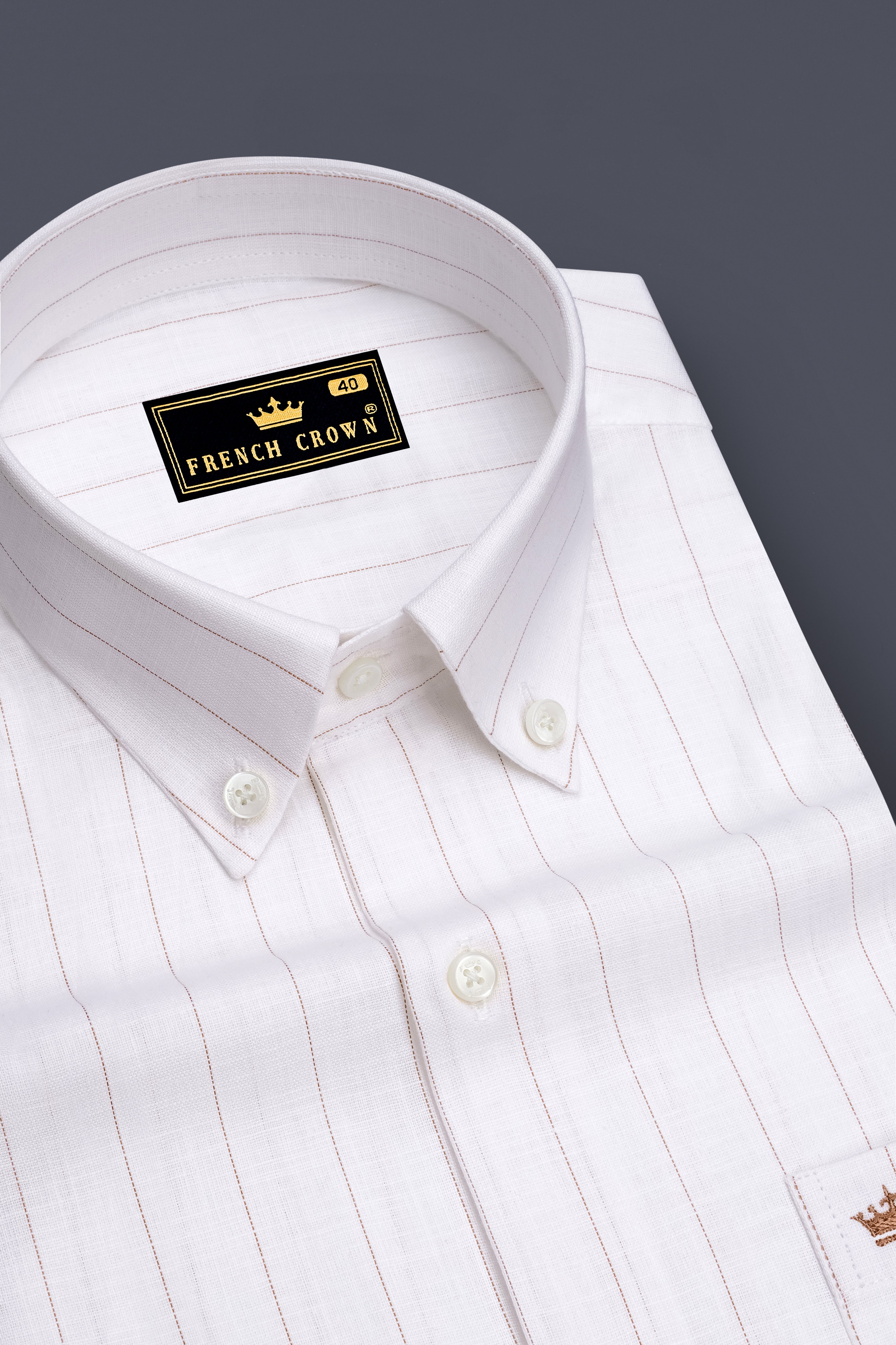 Prestige-Bright White And Cocoa Brown Pin Striped Luxurious Linen Button Down Dress Shirts