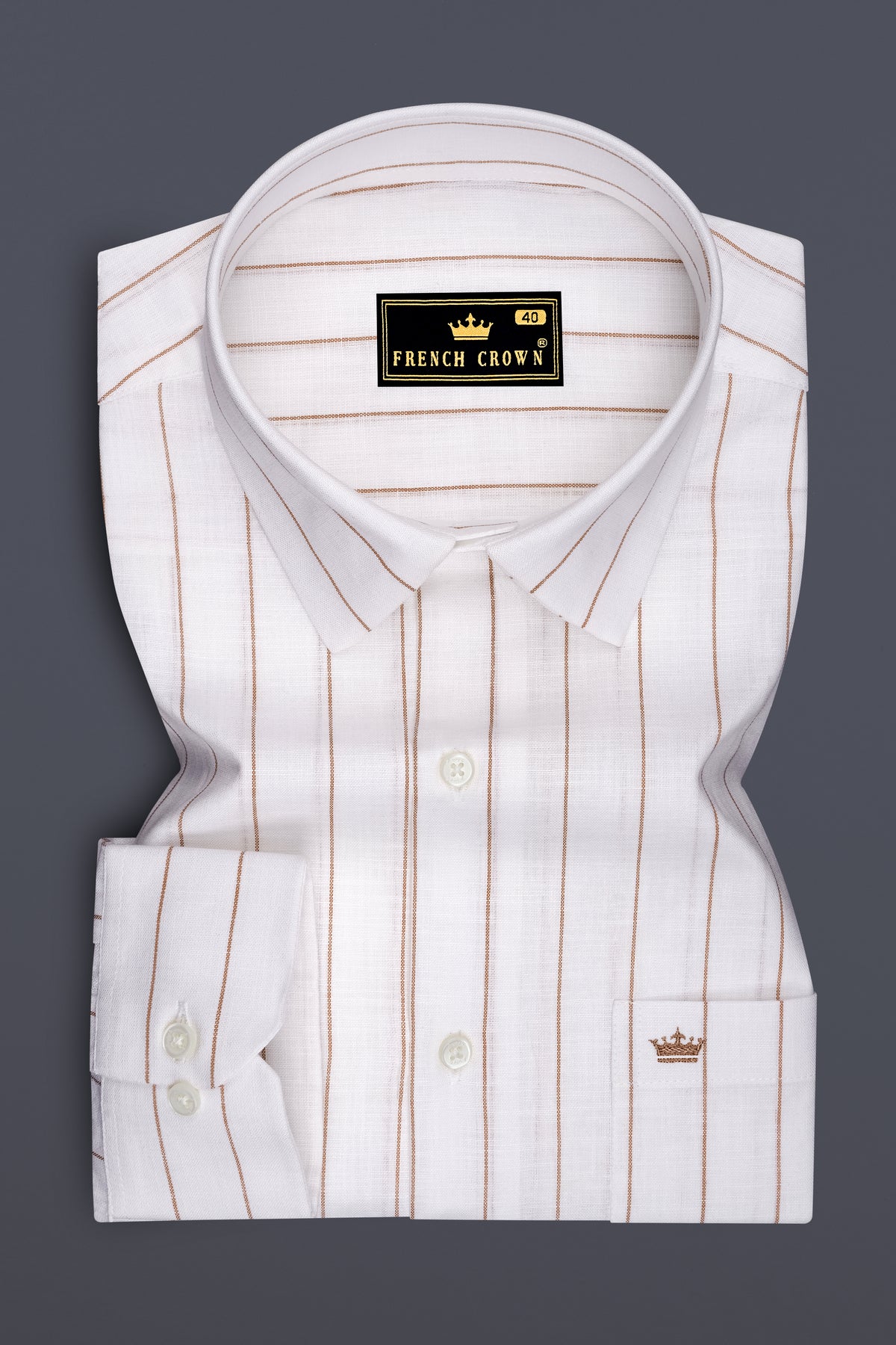Echelon-Bright White And Mocha Brown Pin Striped Luxurious Linen Dress Shirt