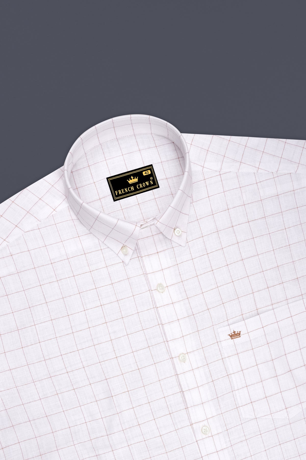 Soleil-Bright White And Leather Orange Windowpane Luxurious Linen Button Down Dress Shirt