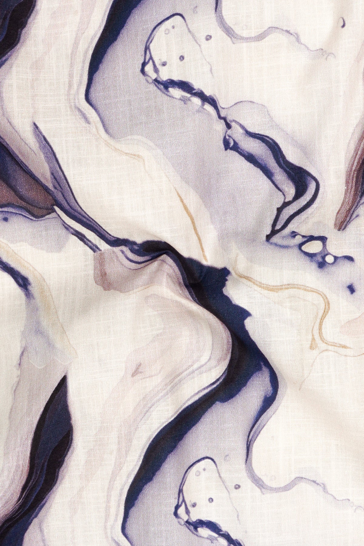 Marina-Off White And Haiti Blue Marble Swirl Printed Linen-Cotton Blend Button Down Casual Shirt