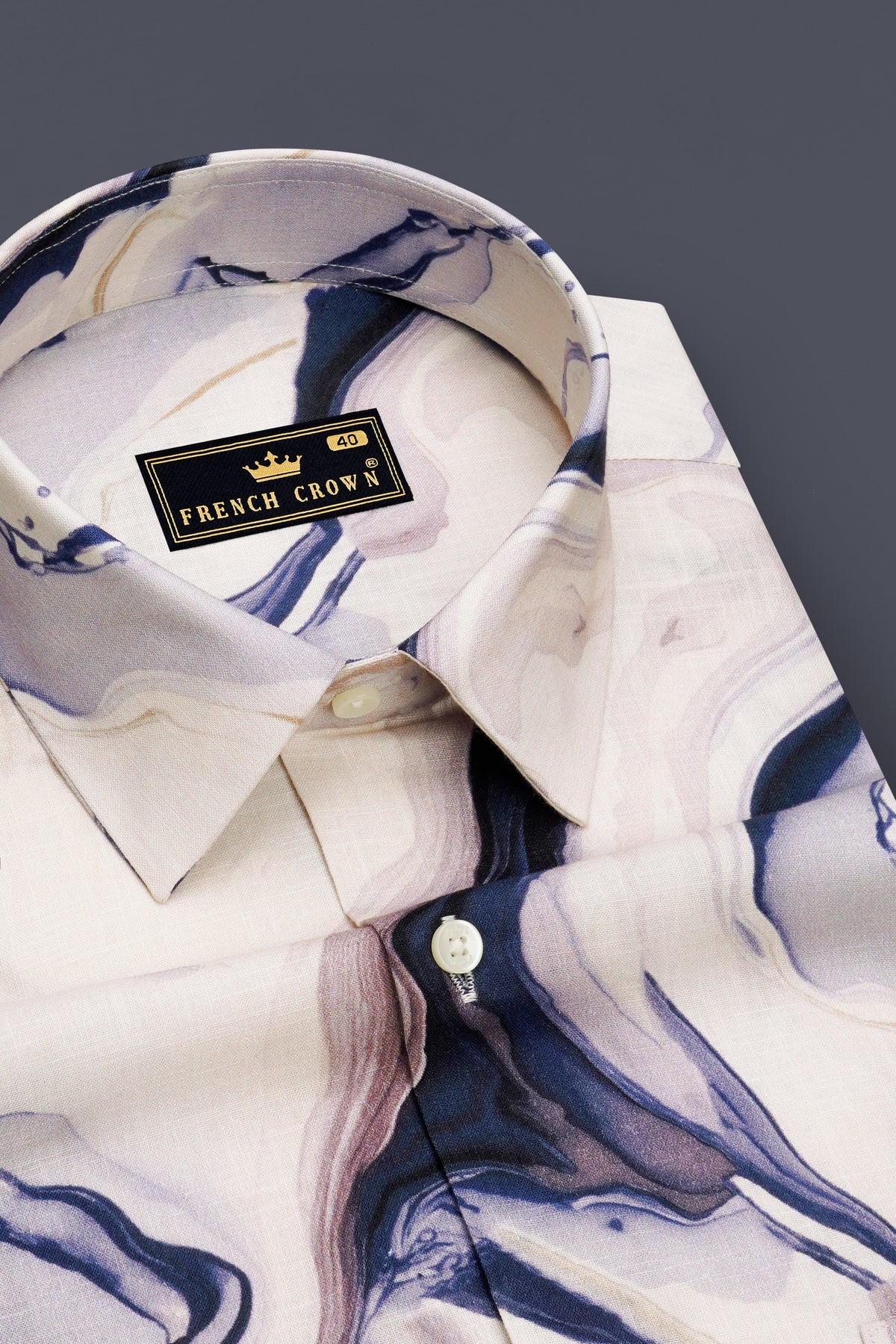 Marina-Off White And Haiti Blue Marble Swirl Printed Linen-Cotton Blend Button Down Casual Shirt