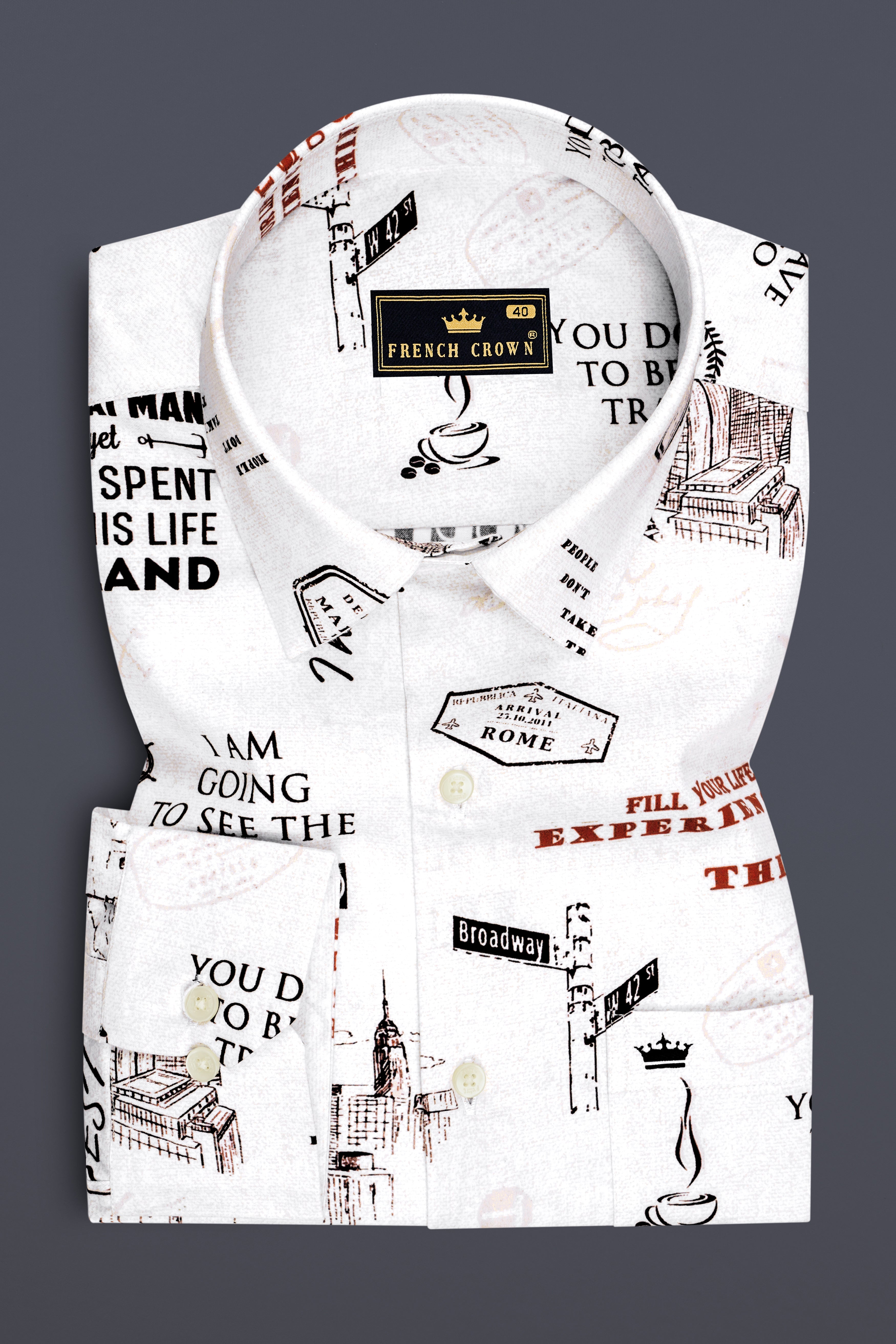 Voyage-Bright White Travel Typography Printed Subtle Sheen Super Soft Premium Cotton Casual Shirt