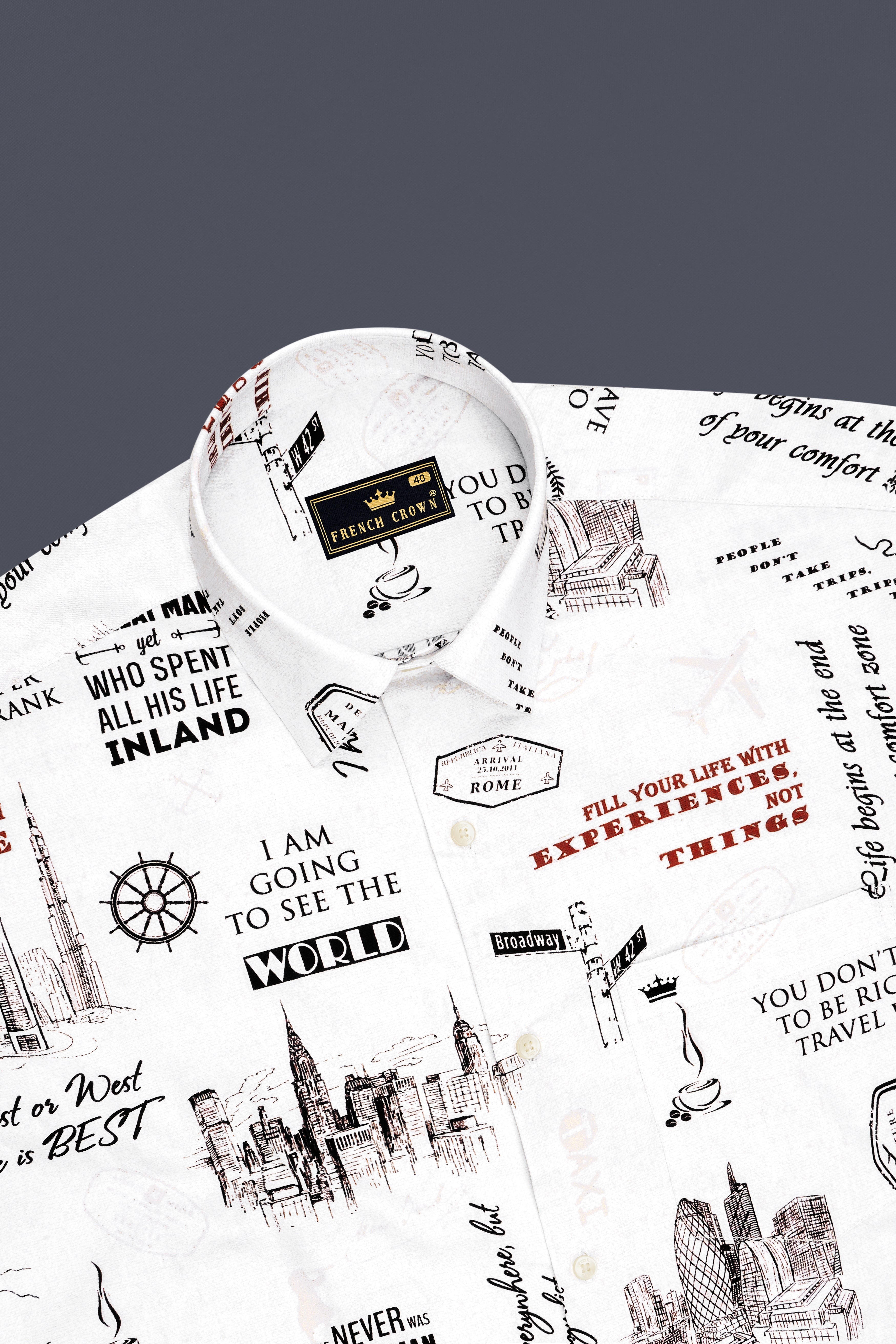 Voyage-Bright White Travel Typography Printed Subtle Sheen Super Soft Premium Cotton Casual Shirt