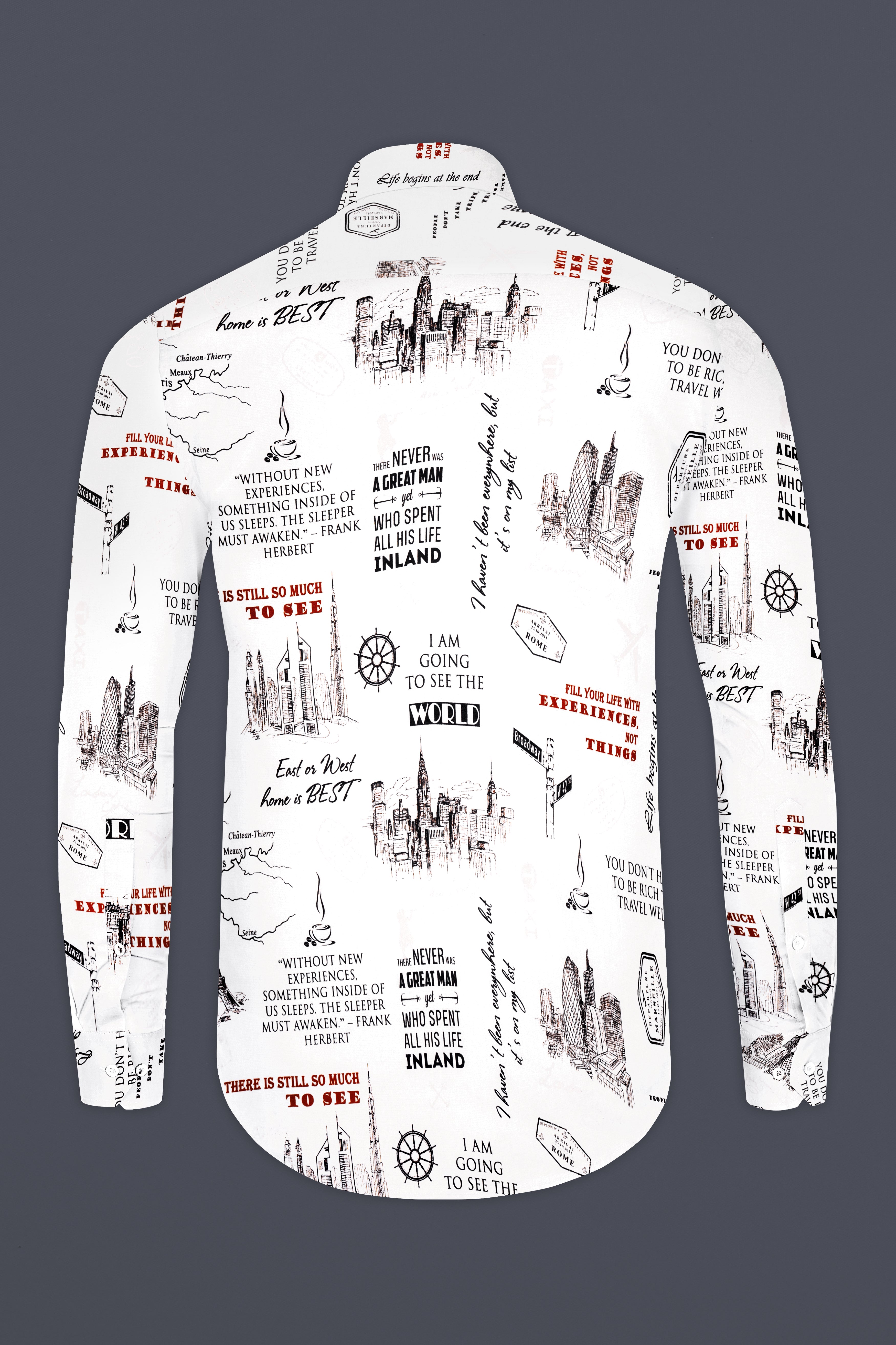 Voyage-Bright White Travel Typography Printed Subtle Sheen Super Soft Premium Cotton Casual Shirt