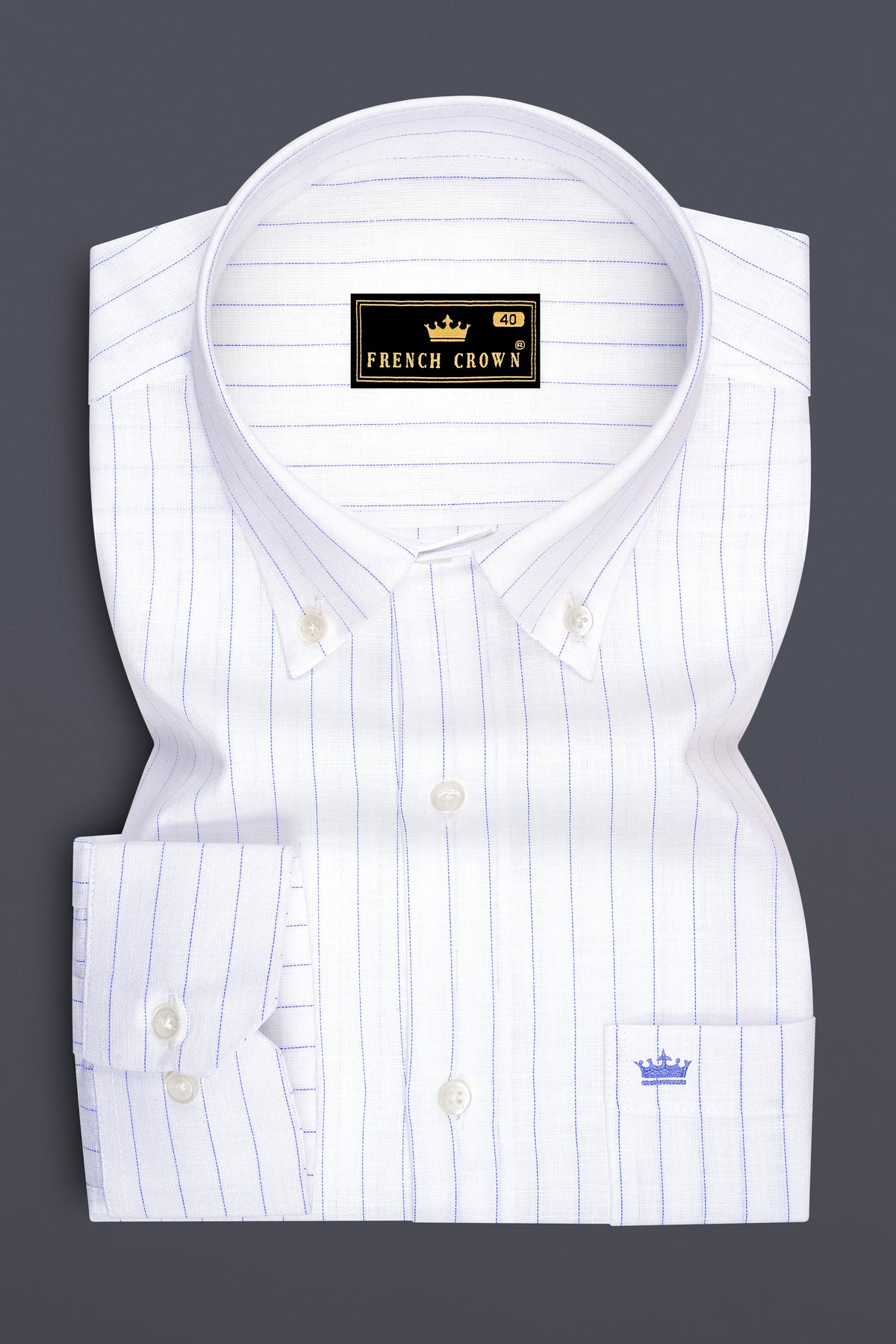 Mariner-Bright White And Scampi Blue Pin Striped Striped Luxurious Linen Button Down Dress Shirt