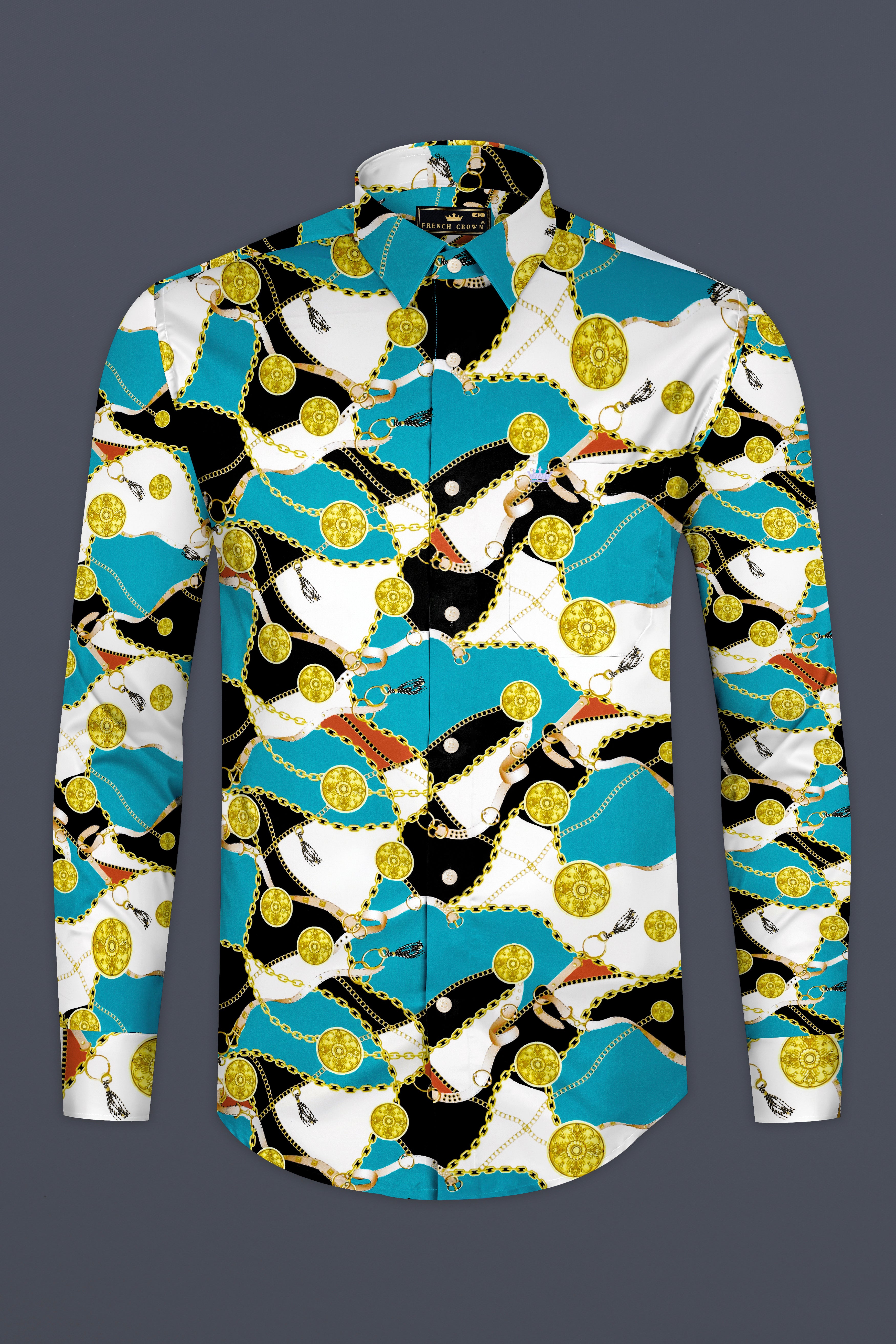 Majesty-Cerulean Blue And Gordons Black Medallion Printed Subtle Sheen Super Soft Premium Cotton Casual Shirt