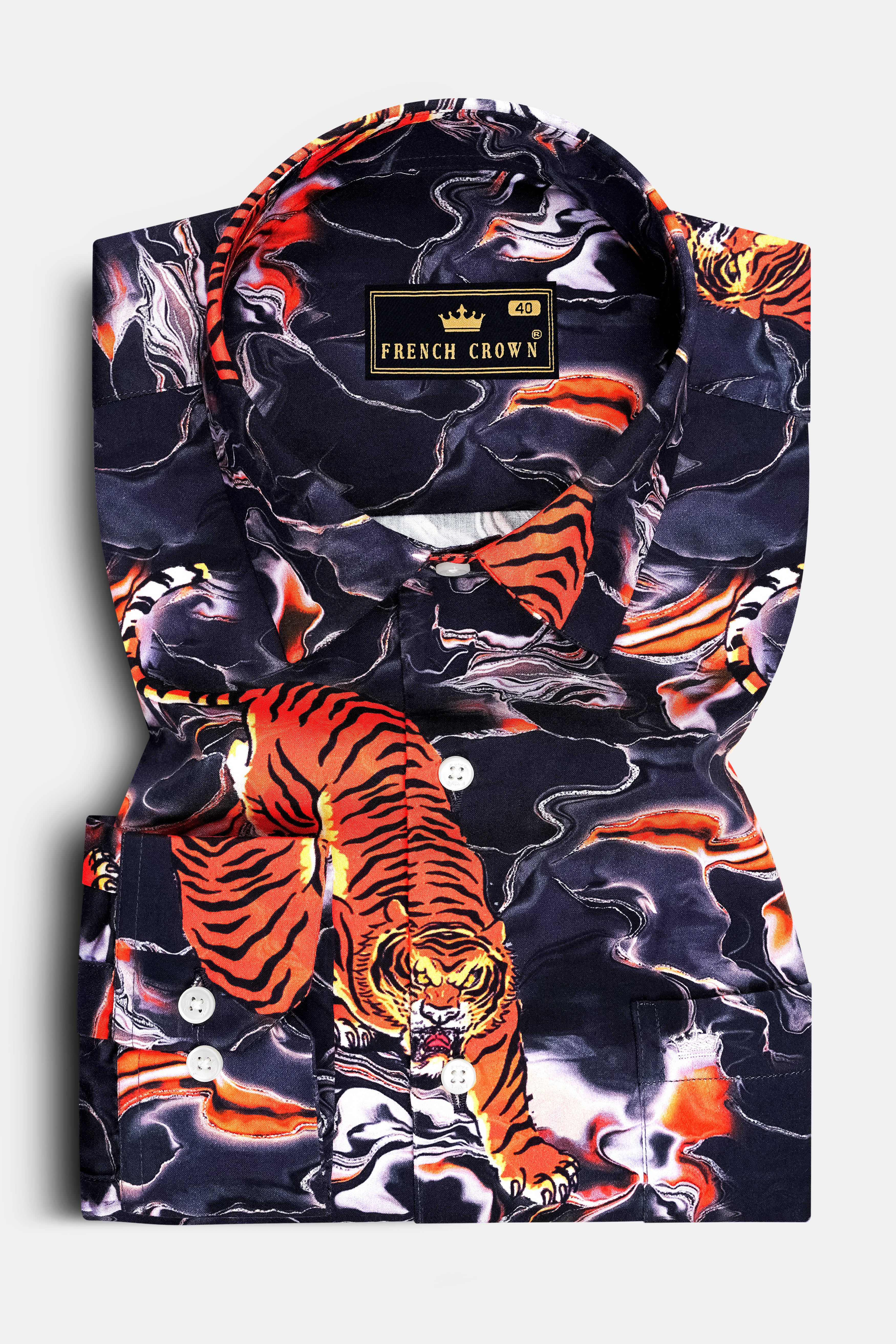 Tigra-Cinder Blue And Tuscany Orange Fierce Tiger Swirl Printed Subtle Sheen Super Soft Premium Cotton Casual Shirt