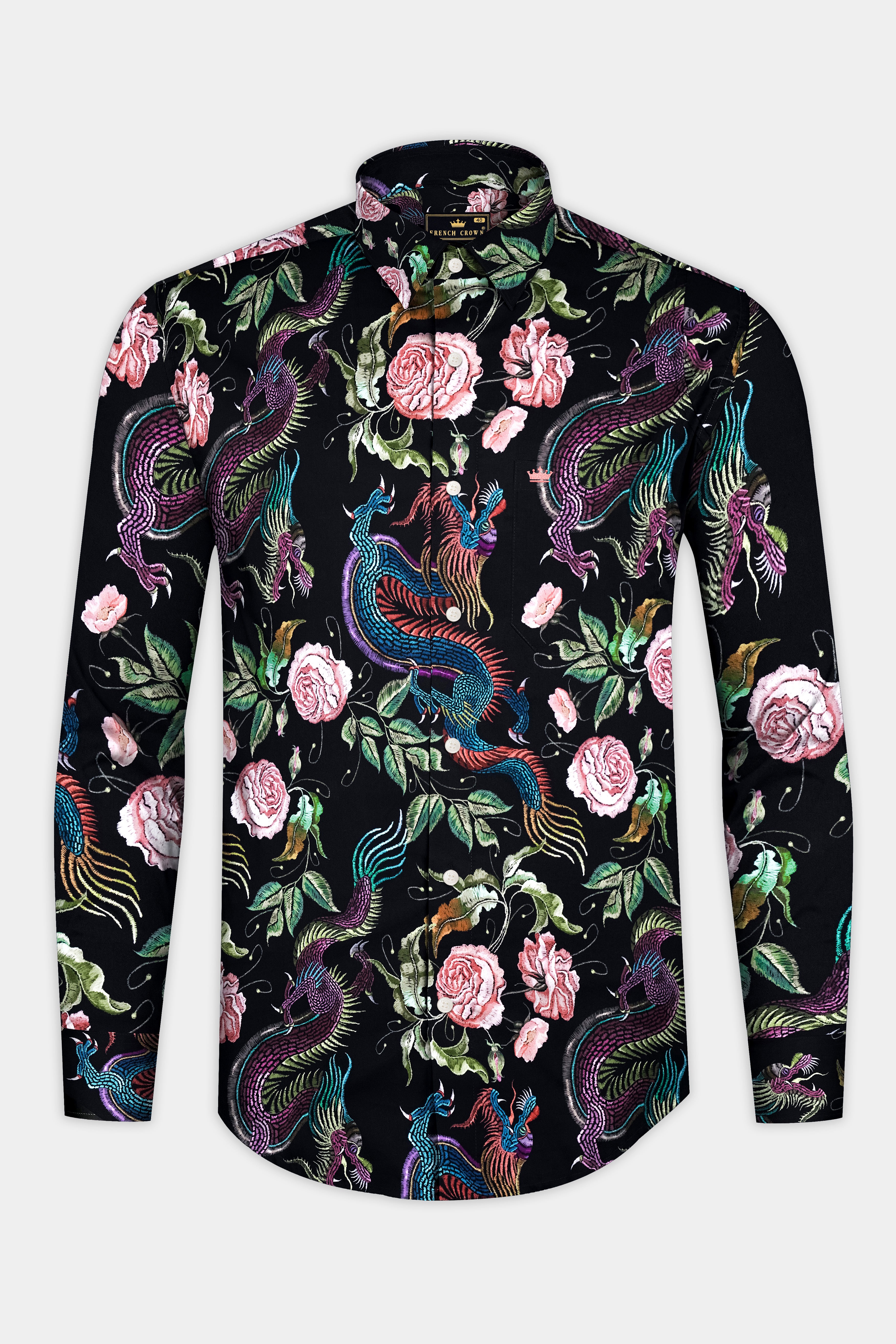 Magnolia-Jade Black And Mauvelous Pink Phoenix & Rose Garden Printed Subtle Sheen Super Soft Premium Cotton Casual Shirt