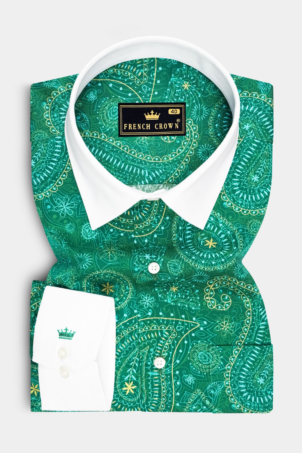 Verdelle-Tropical Green Ornamental Paisley Printed Subtle Sheen Super Soft Premium Cotton White Cuff Collar Dress Shirt