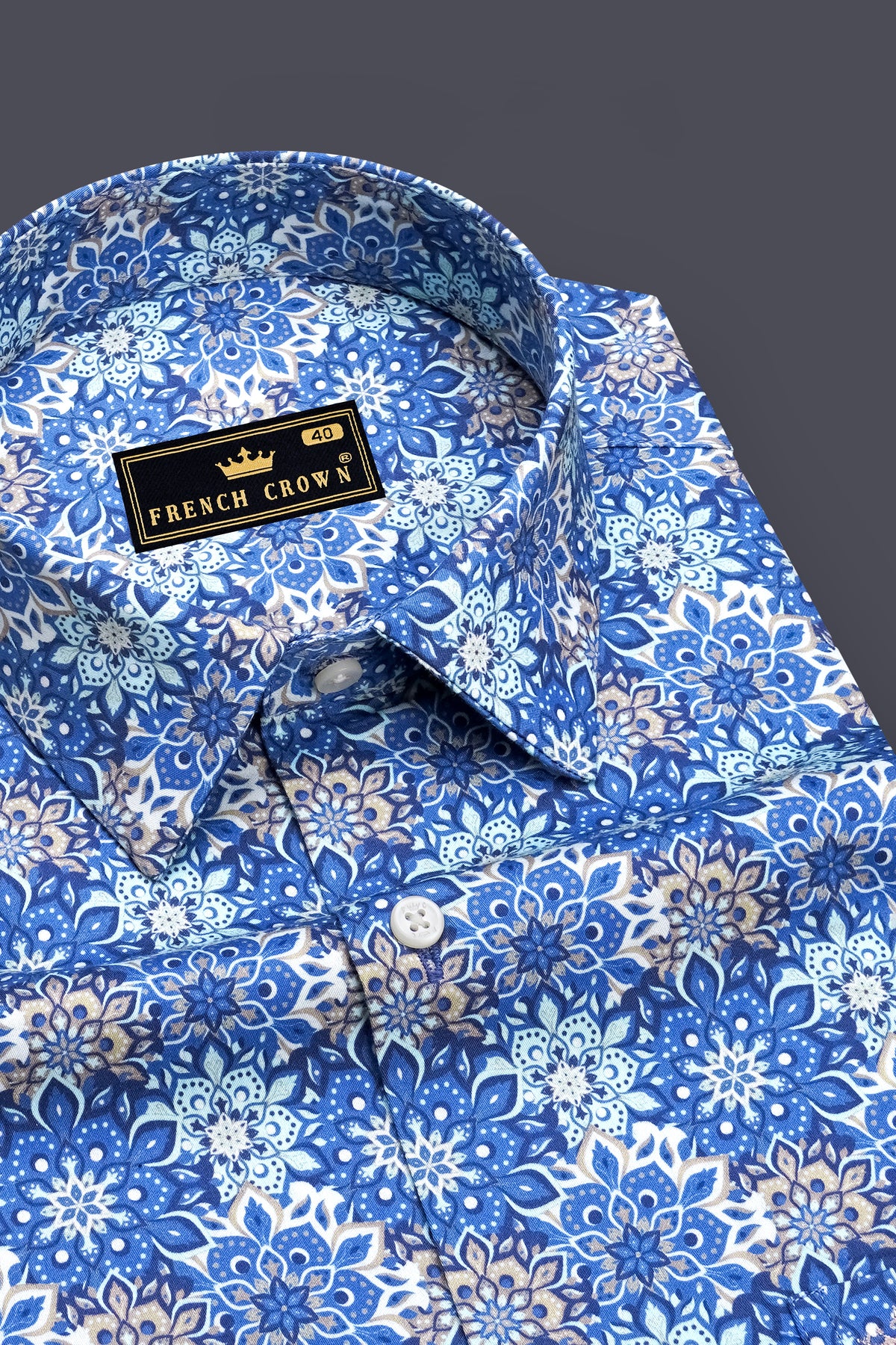 Fiorenzo-Bluish Blue and Swan Cream Floral Medallion Printed Subtle Sheen Super Soft Premium Cotton Dress Shirt