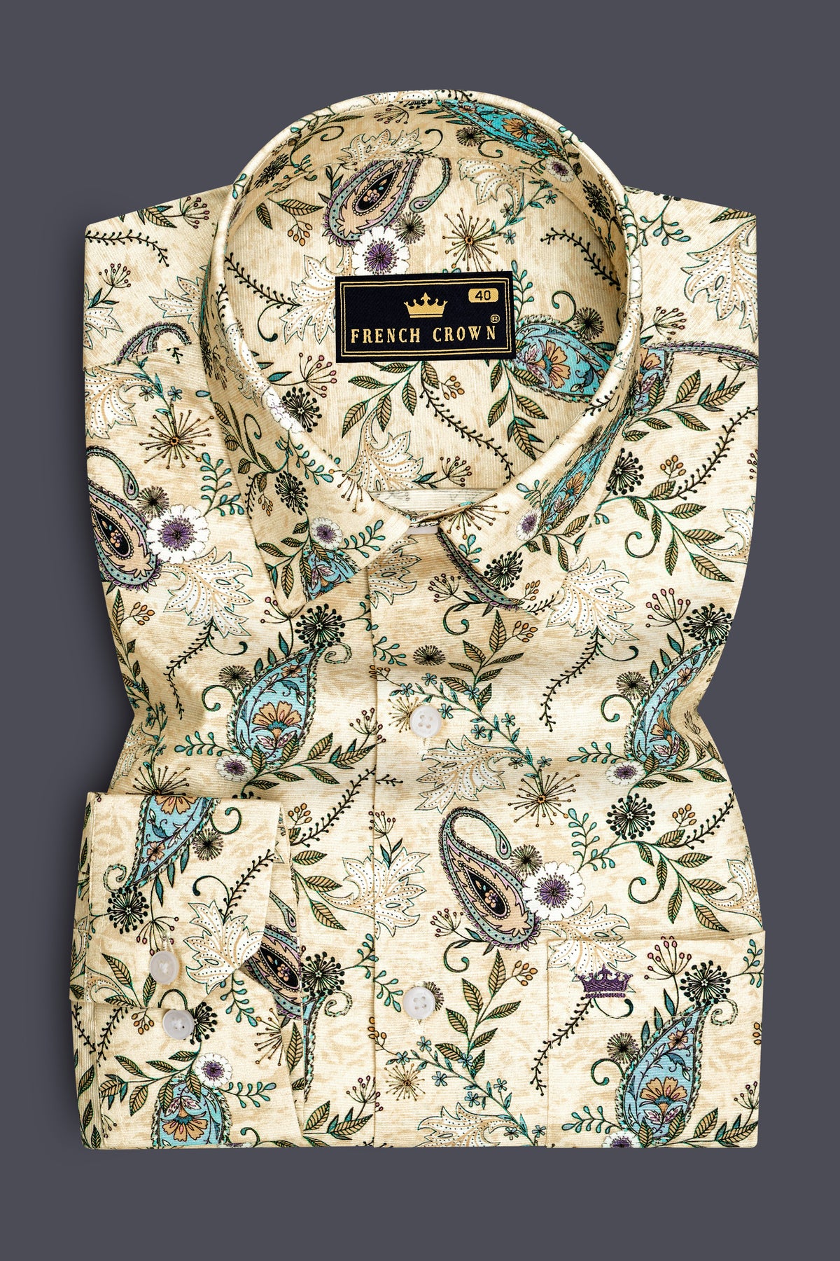 Aquarelle-Mania Cream And Aqua Blue Vintage Paisley Floral Printed Luxurious Linen Dress Shirt