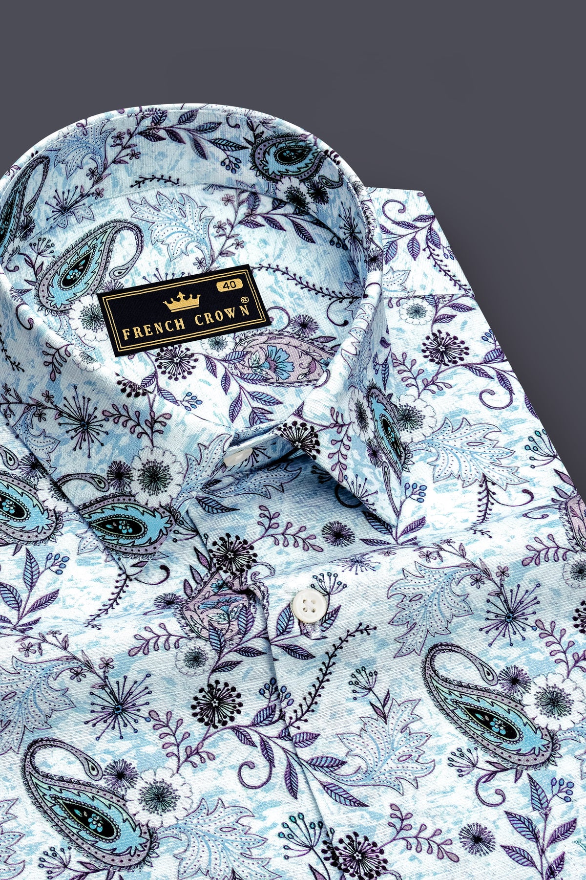 Virello-Rock Blue Vintage Paisley Floral Printed Luxurious Linen Dress Shirt
