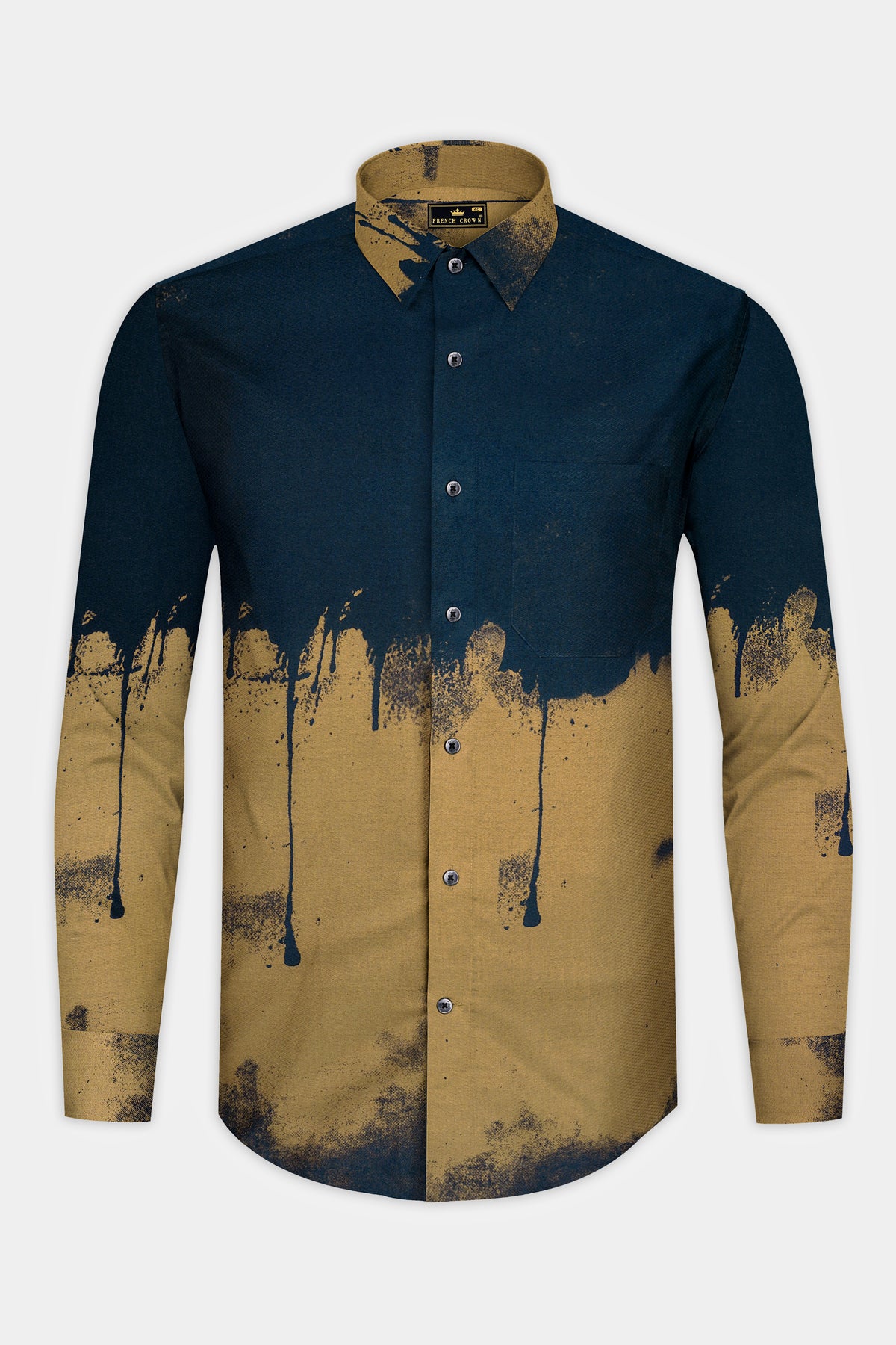 Arbor-Timber Blue And Limed Oak Brown Brush Stroke Printed Dobby Textured Premium Giza Cotton Casual Shirt