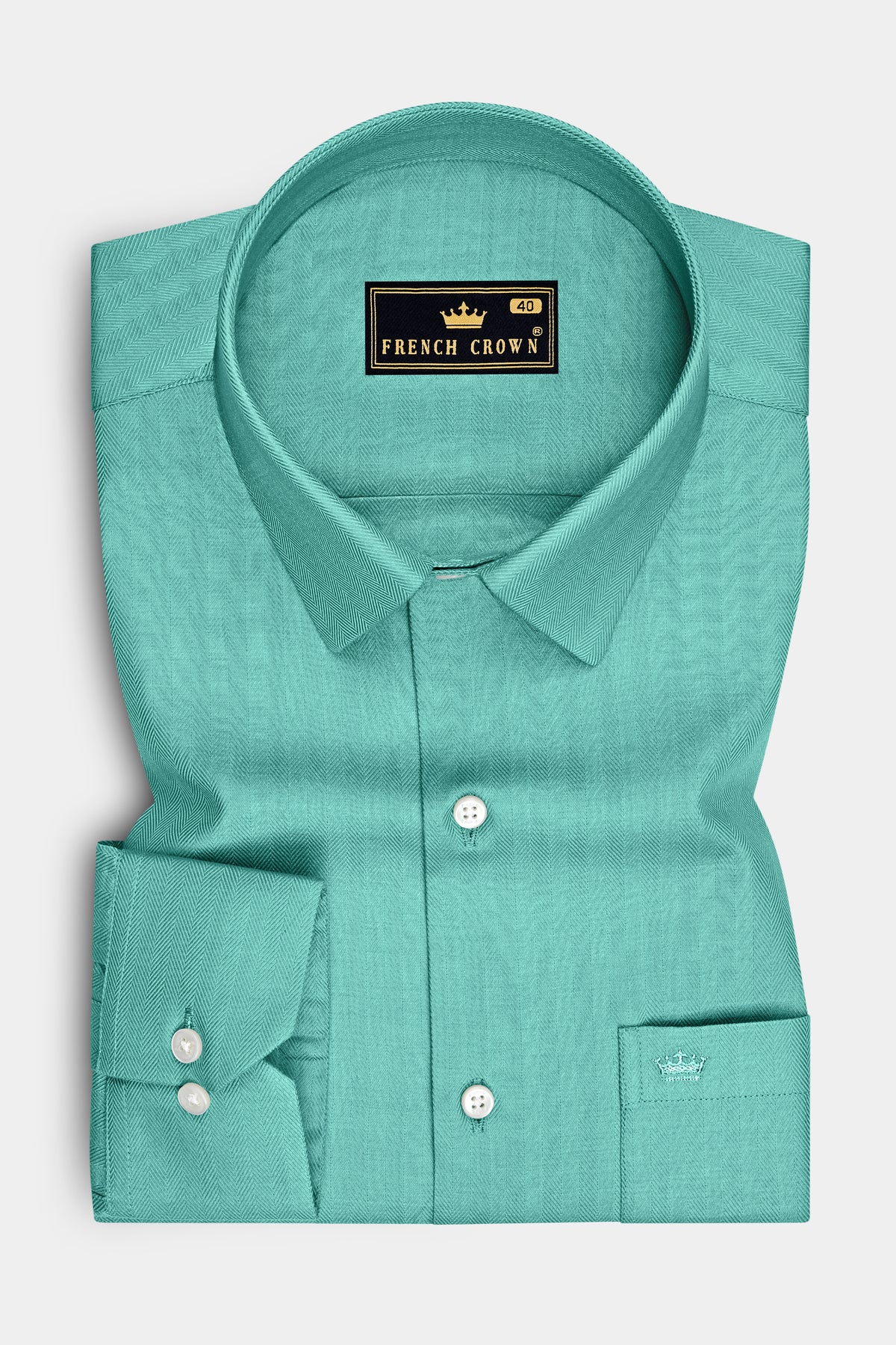 Celes-Cyan Blue Herringbone Textured Premium Cotton Dress Shirt