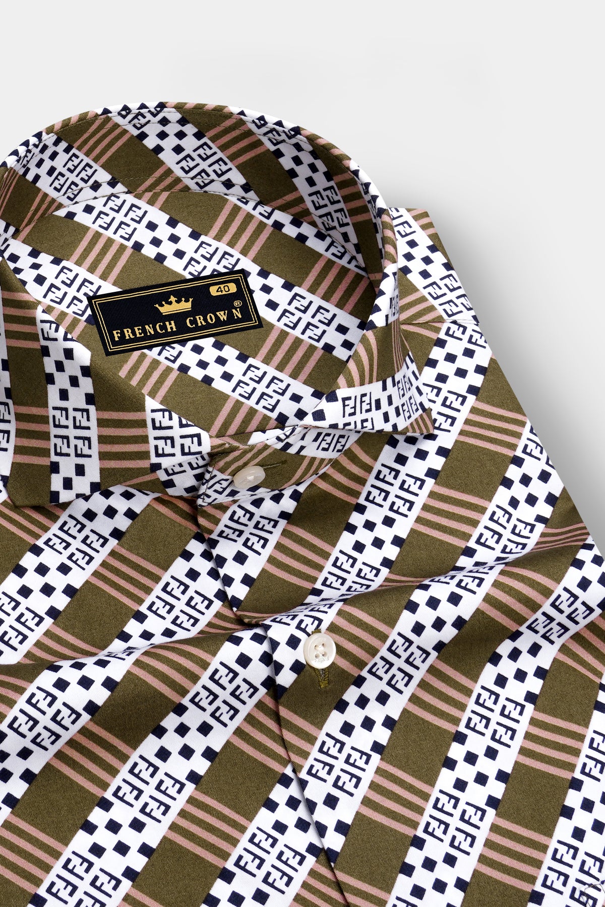 Heirloom-Woodland Brown And Bright White Heritage Monogram Printed Subtle Sheen Super Soft Premium Cotton Cut Away Casual Shirt