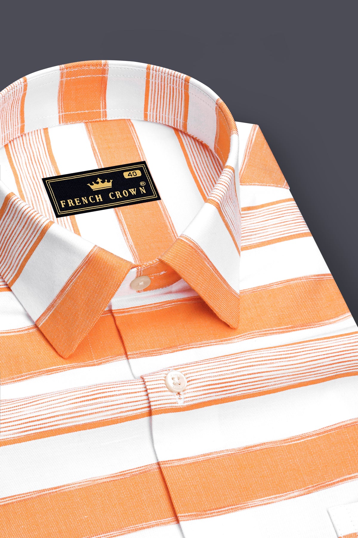 Soleil-Tangerine Orange And Bright White Twill Horizontal Striped Premium Cotton Casual Shirt