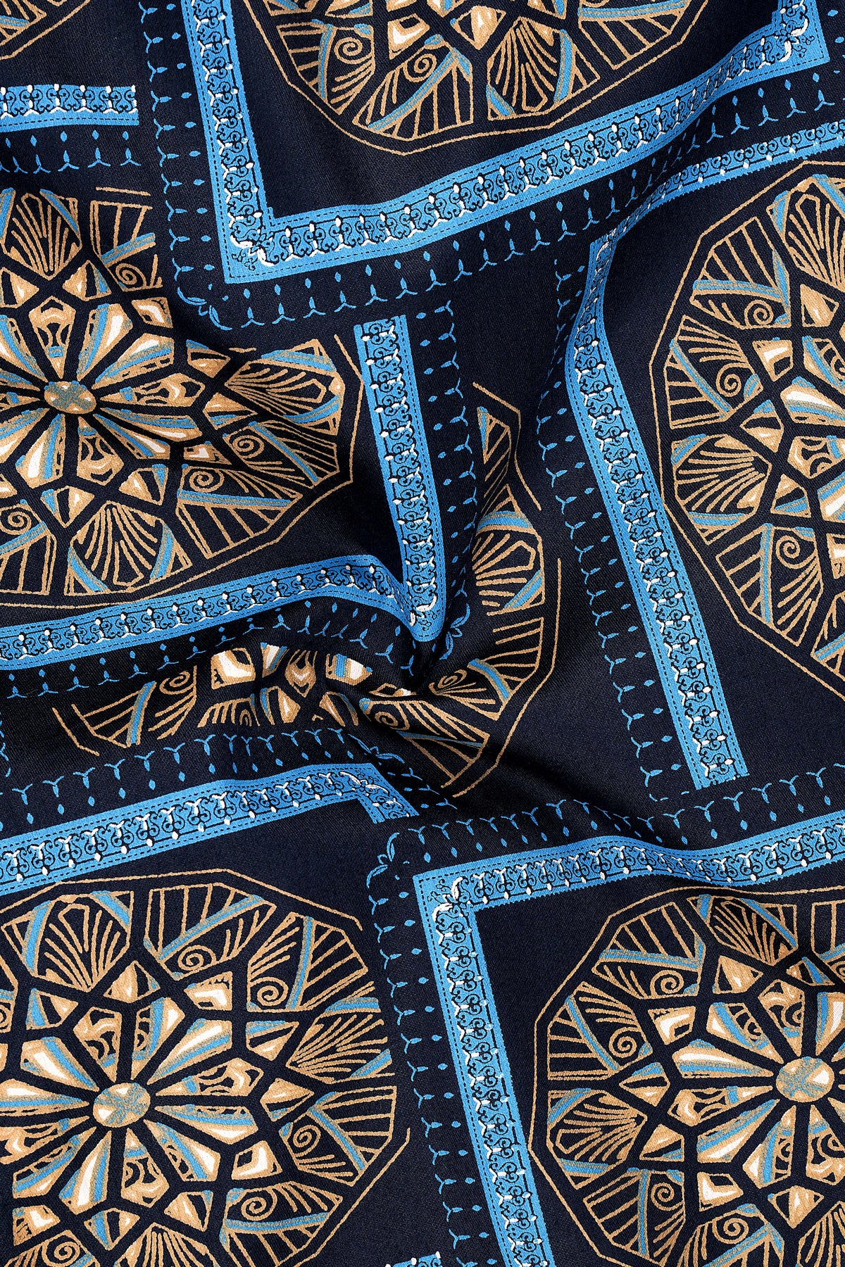 Mandal-Mirage Blue And Tan Brown Multicolor Geometric Medallion Printed Subtle Sheen Super Soft Premium Cotton Mandarin Casual Shirt