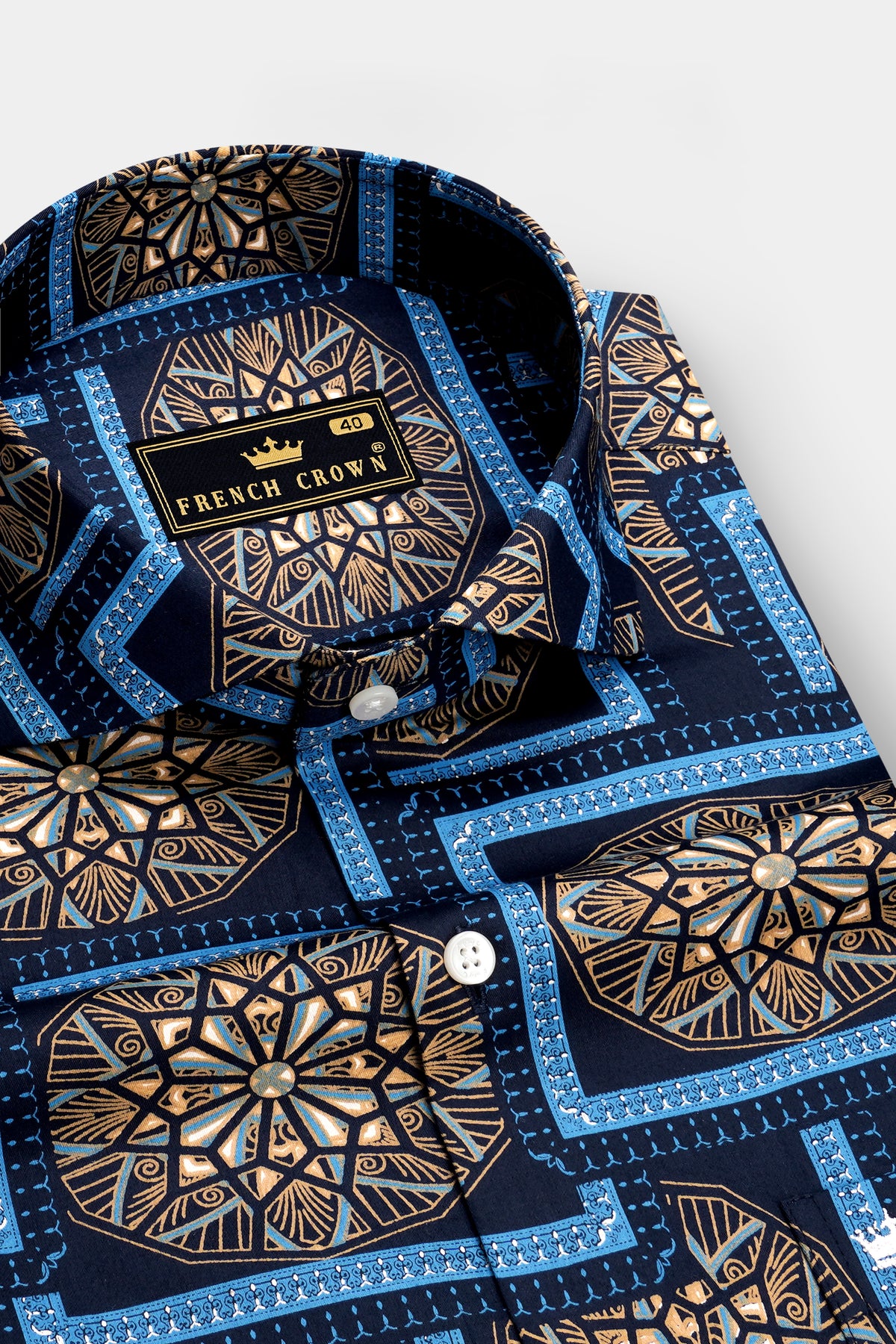 Mandal-Mirage Blue And Tan Brown Multicolor Geometric Medallion Printed Subtle Sheen Super Soft Premium Cotton Cut Away Casual Shirt