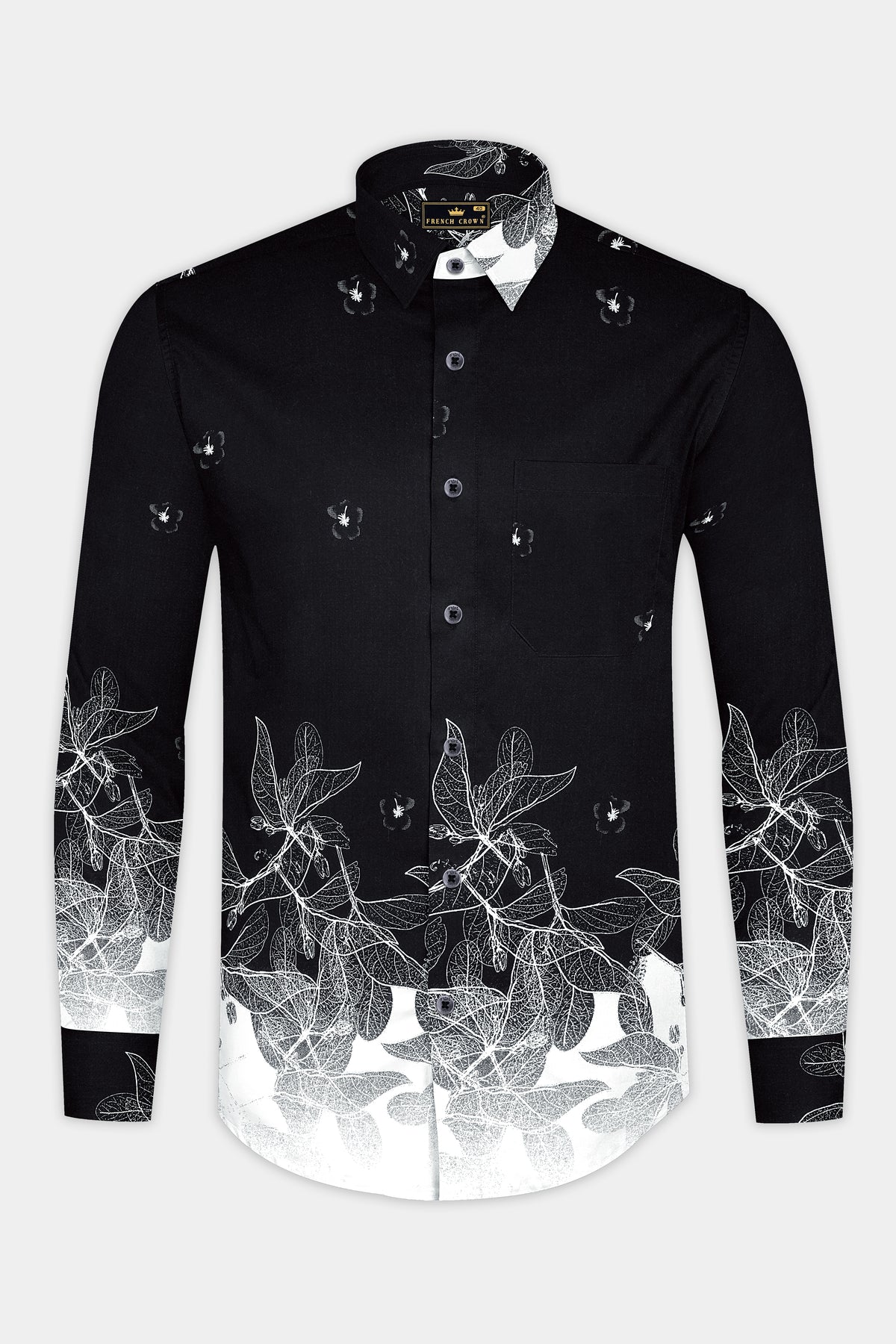 Mosaic-Jade Black And Bright White Dobby Ombre Floral Printed Premium Giza Cotton Casual Shirt