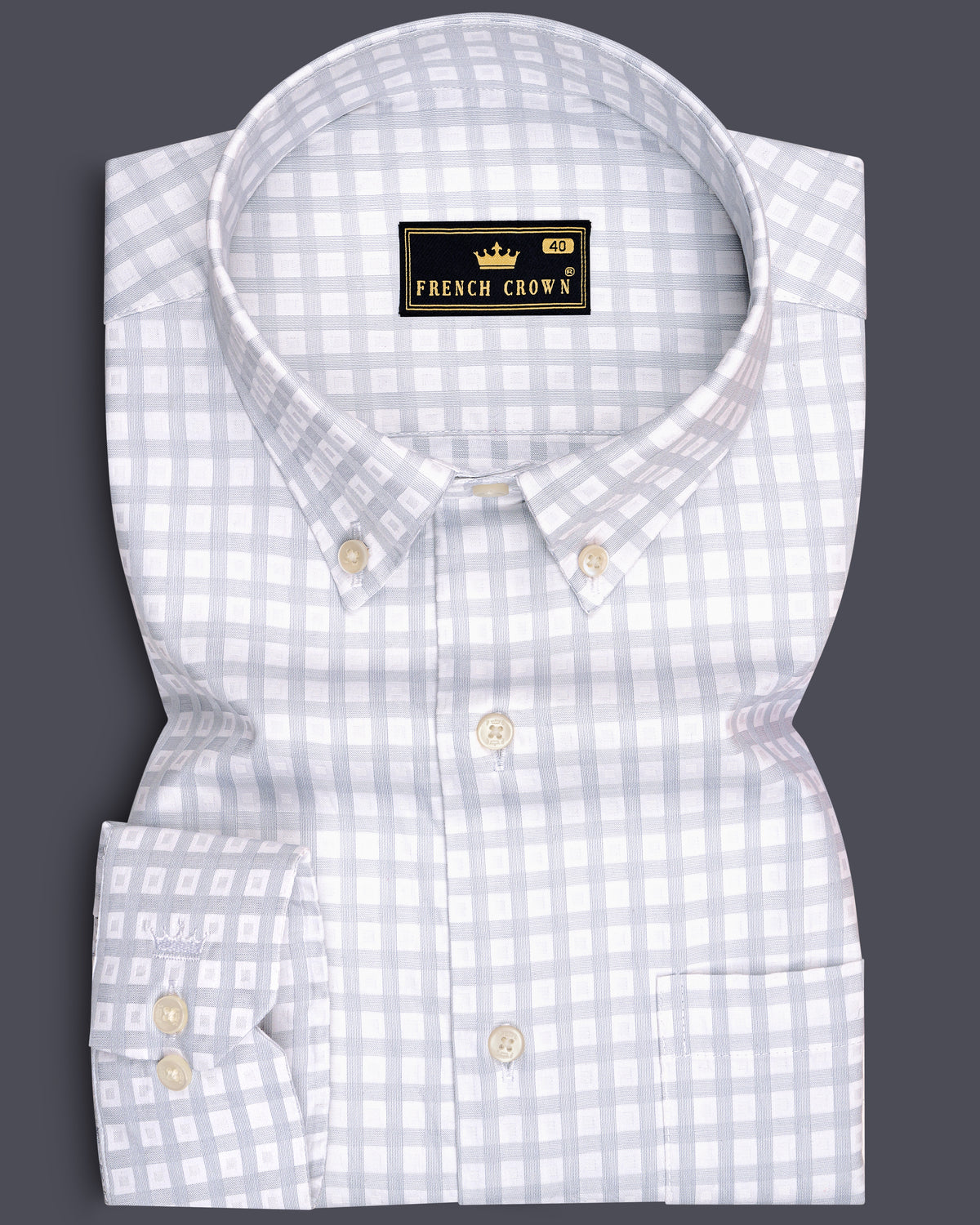 Sterling-Bright White And Timberwolf Gray Plaid Dobby Premium Giza Cotton Button Down Semi Formal Shirt