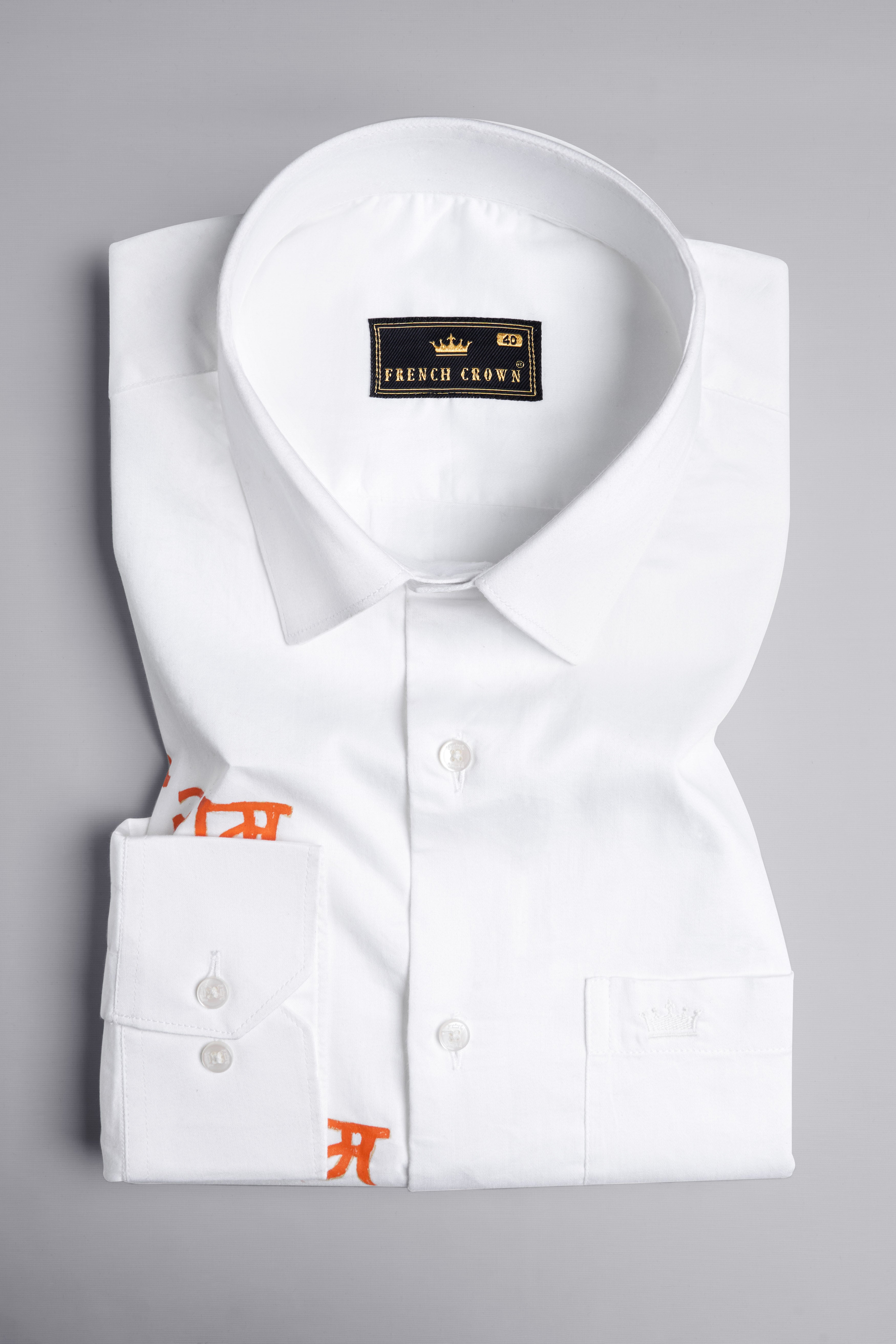 Bright White with Tangerine Orange Jai Shree Ram Hand Painted Premium Cotton Designer Shirt