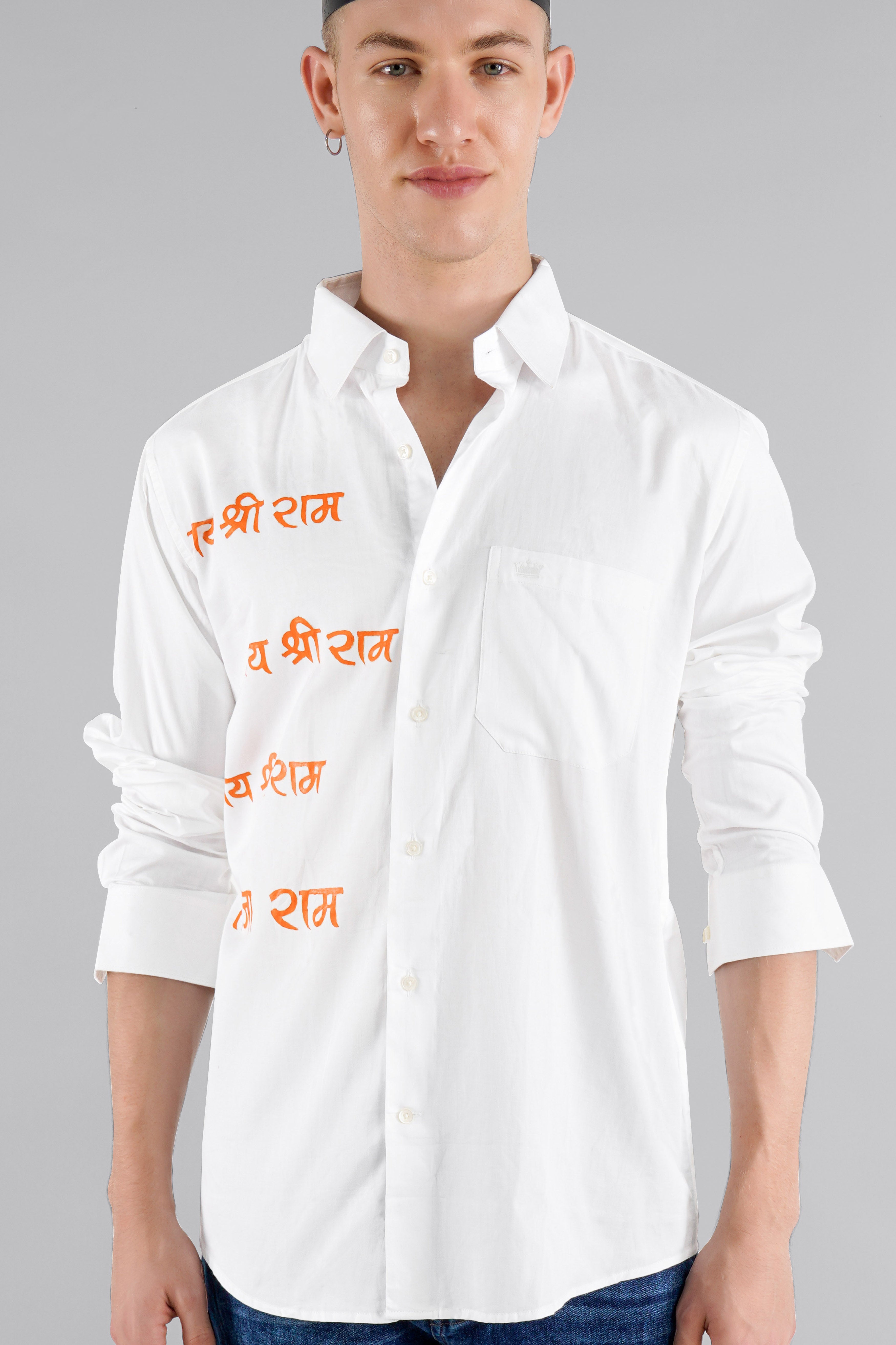 Bright White with Tangerine Orange Jai Shree Ram Hand Painted Premium Cotton Designer Shirt