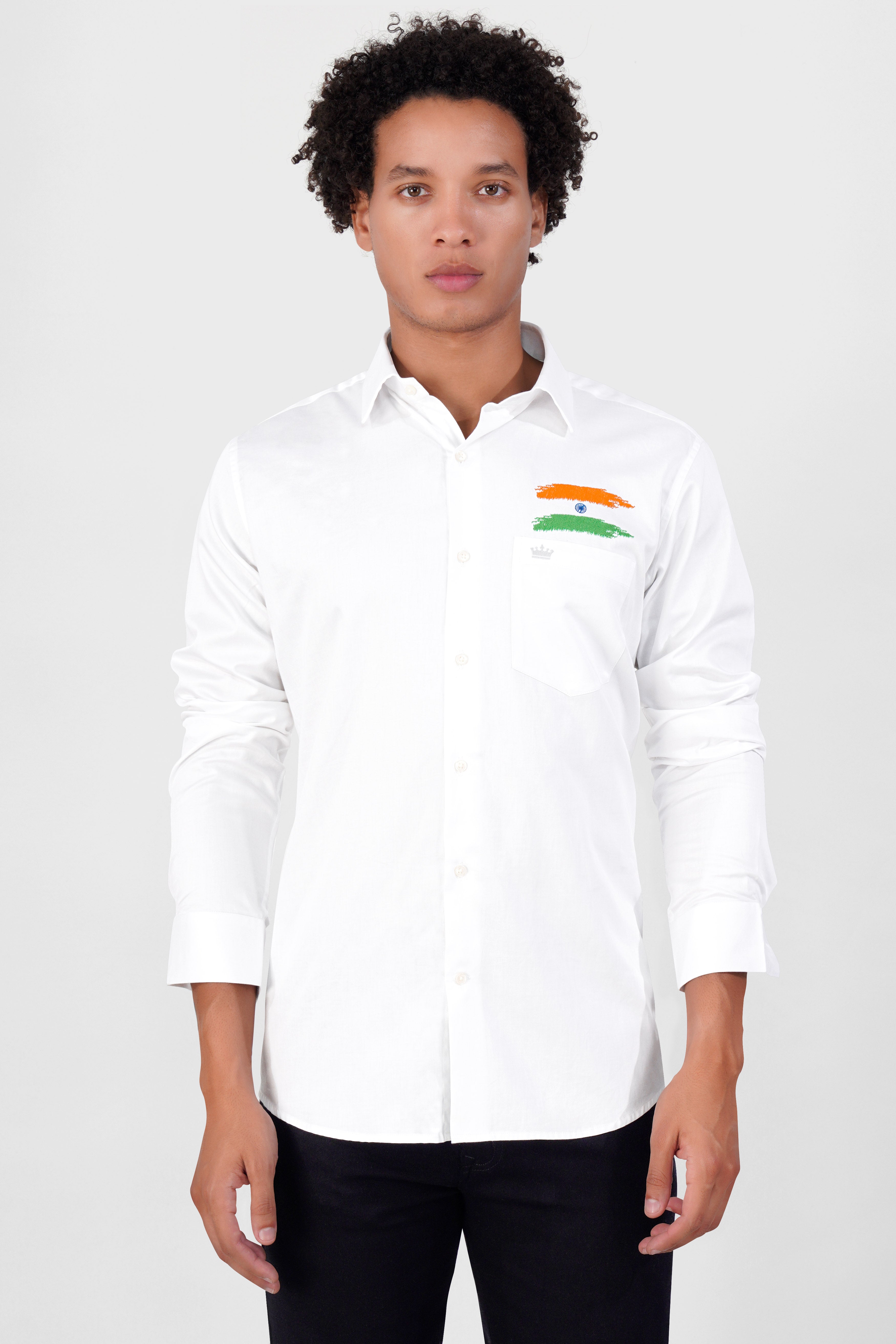 Bright White Indian Flag Embroidered Premium Cotton Designer Shirt