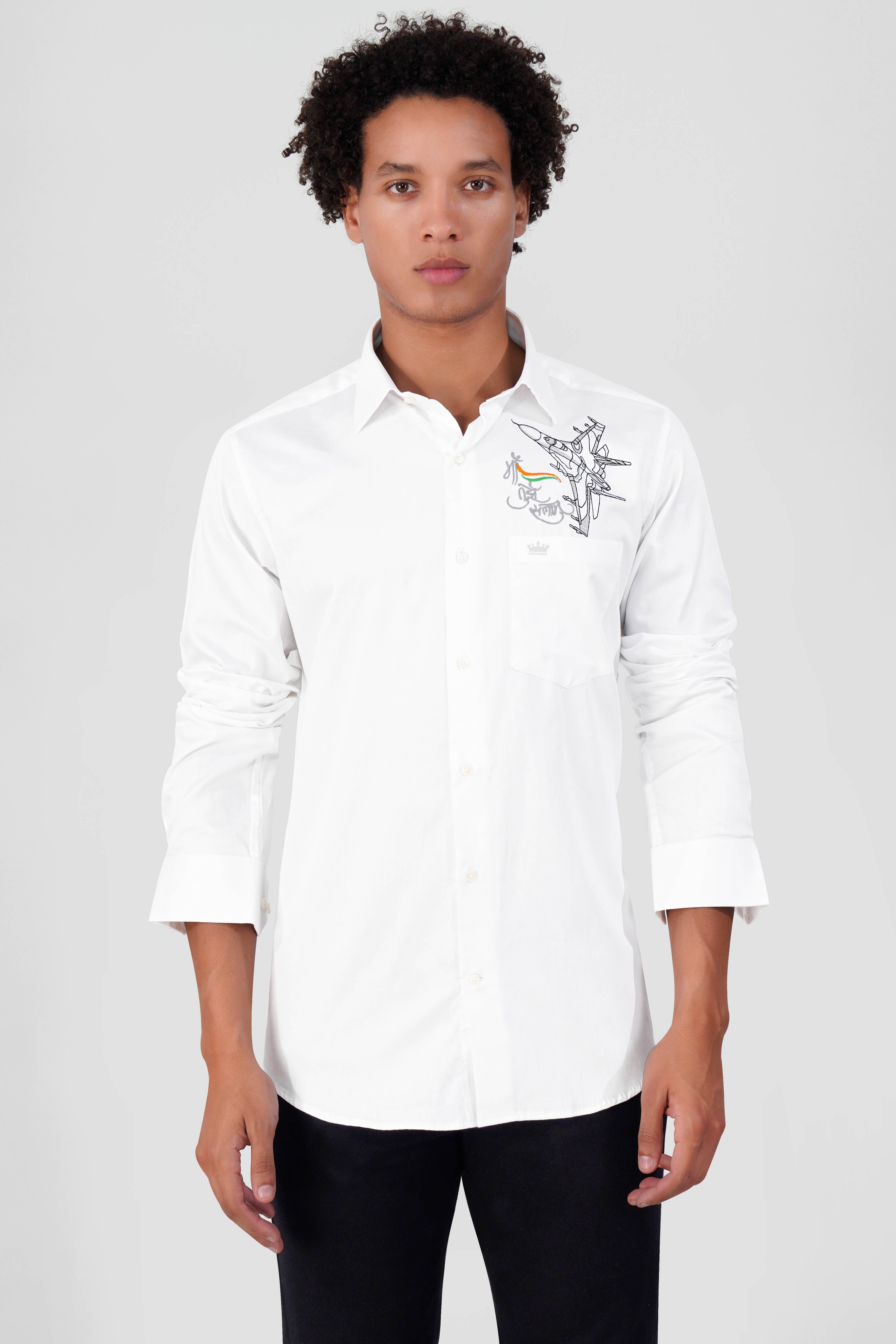 Bright White Maa Tujhe Salam Embroidered Premium Cotton Designer Shirt