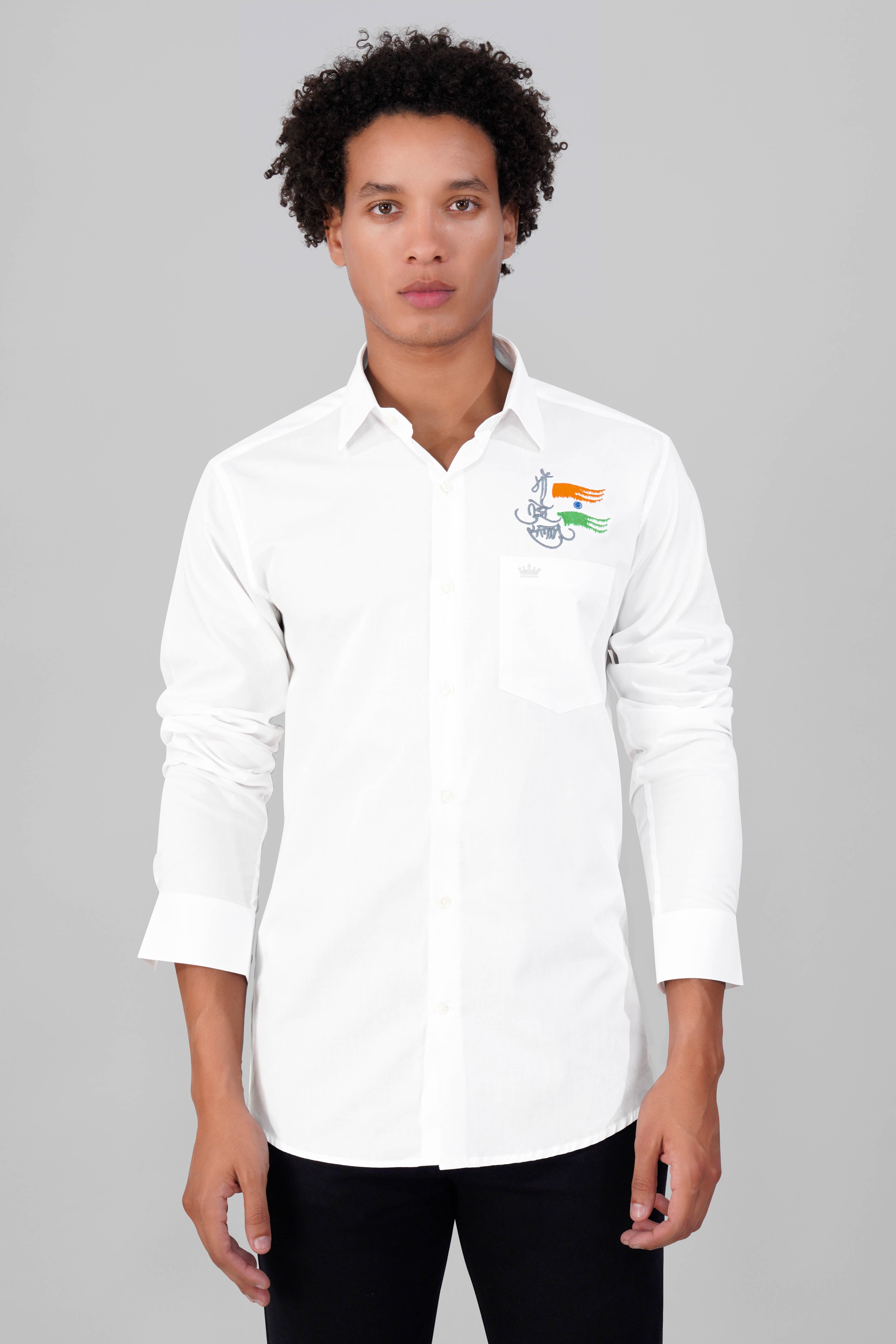 Bright White Maa Tujhe Salam Embroidered Premium Cotton Designer Shirt