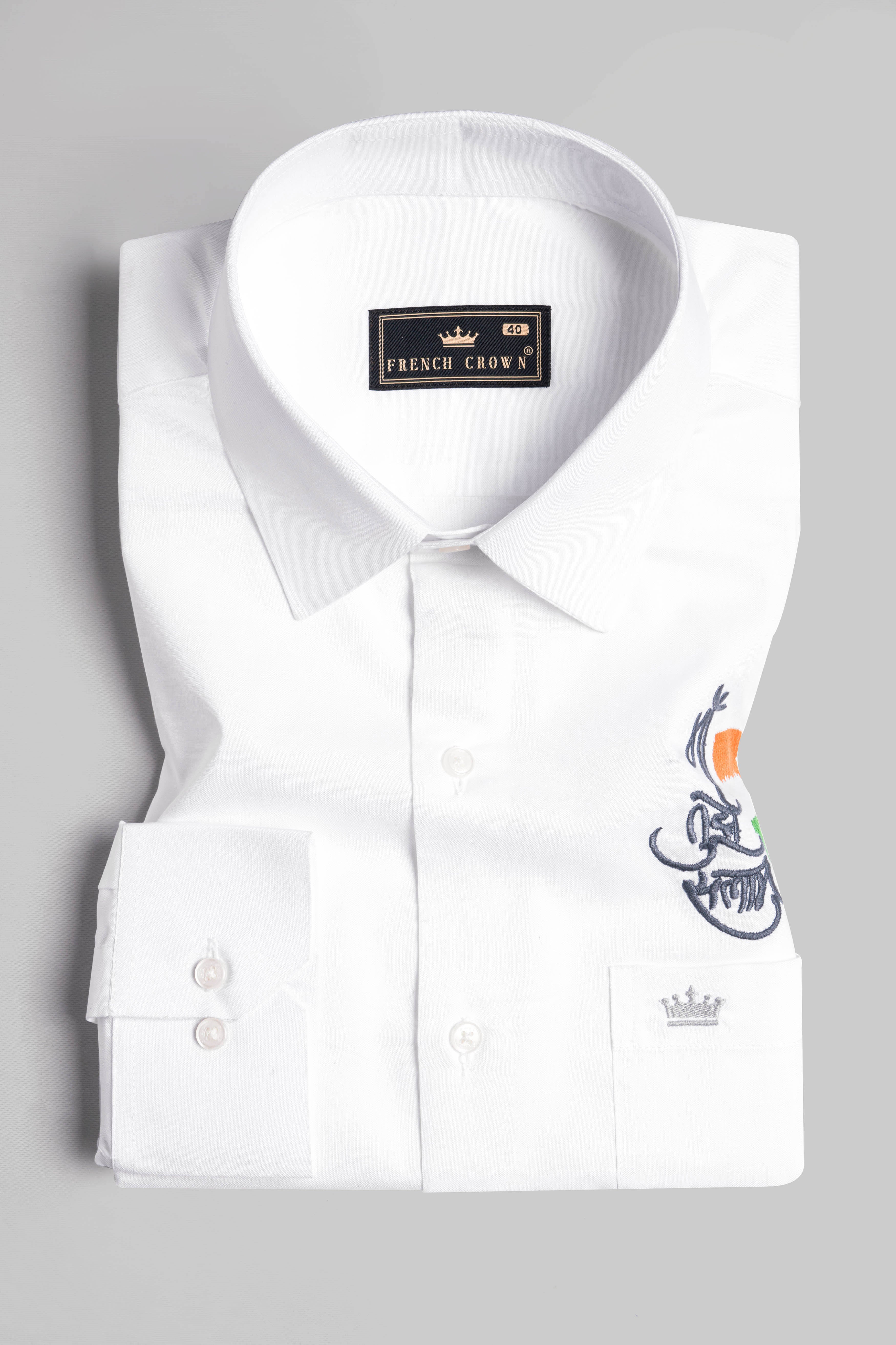 Bright White Maa Tujhe Salam Embroidered Premium Cotton Designer Shirt