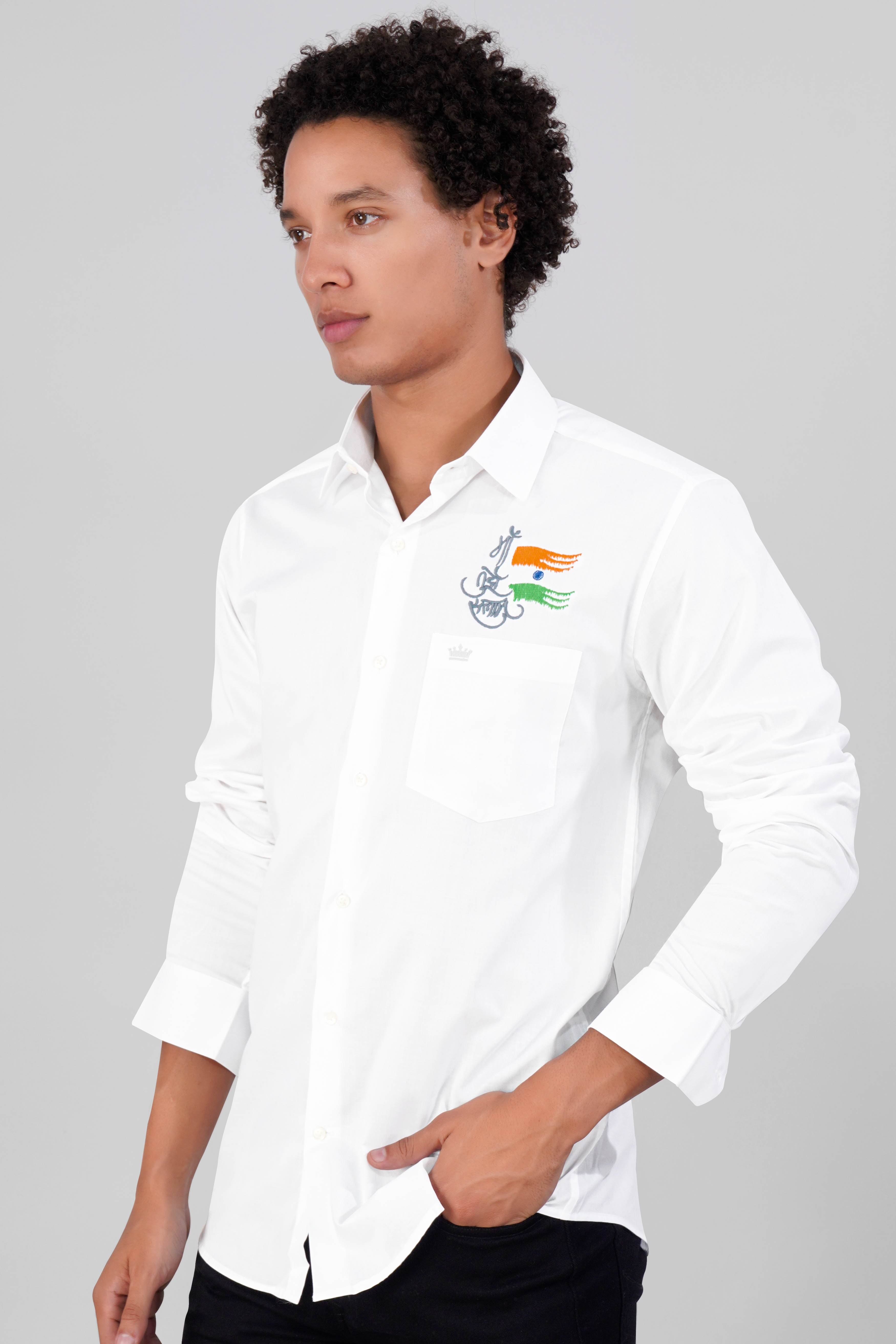 Bright White Maa Tujhe Salam Embroidered Premium Cotton Designer Shirt