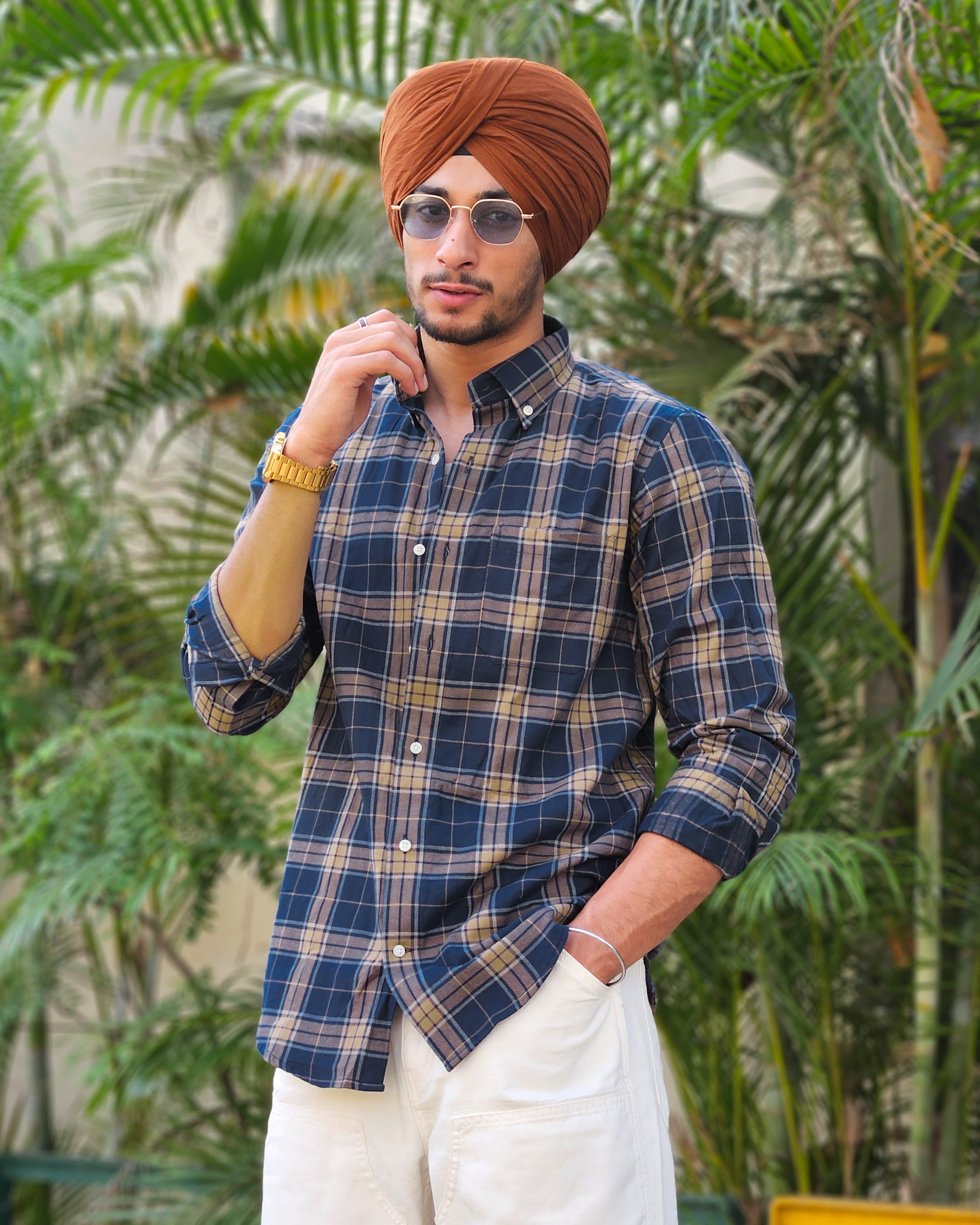 Cloud Burst Blue and Pale Taupe Plaid Flannel Shirt